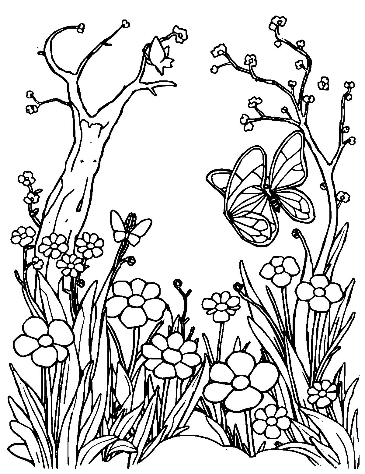 Line-art coloring page of Fairy Garden, medium outlines, centered