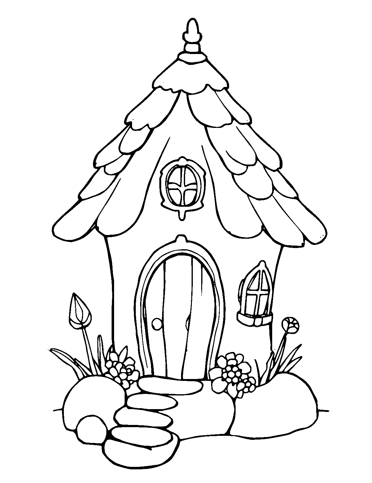 Line-art coloring page of Fairy House, medium outlines, centered