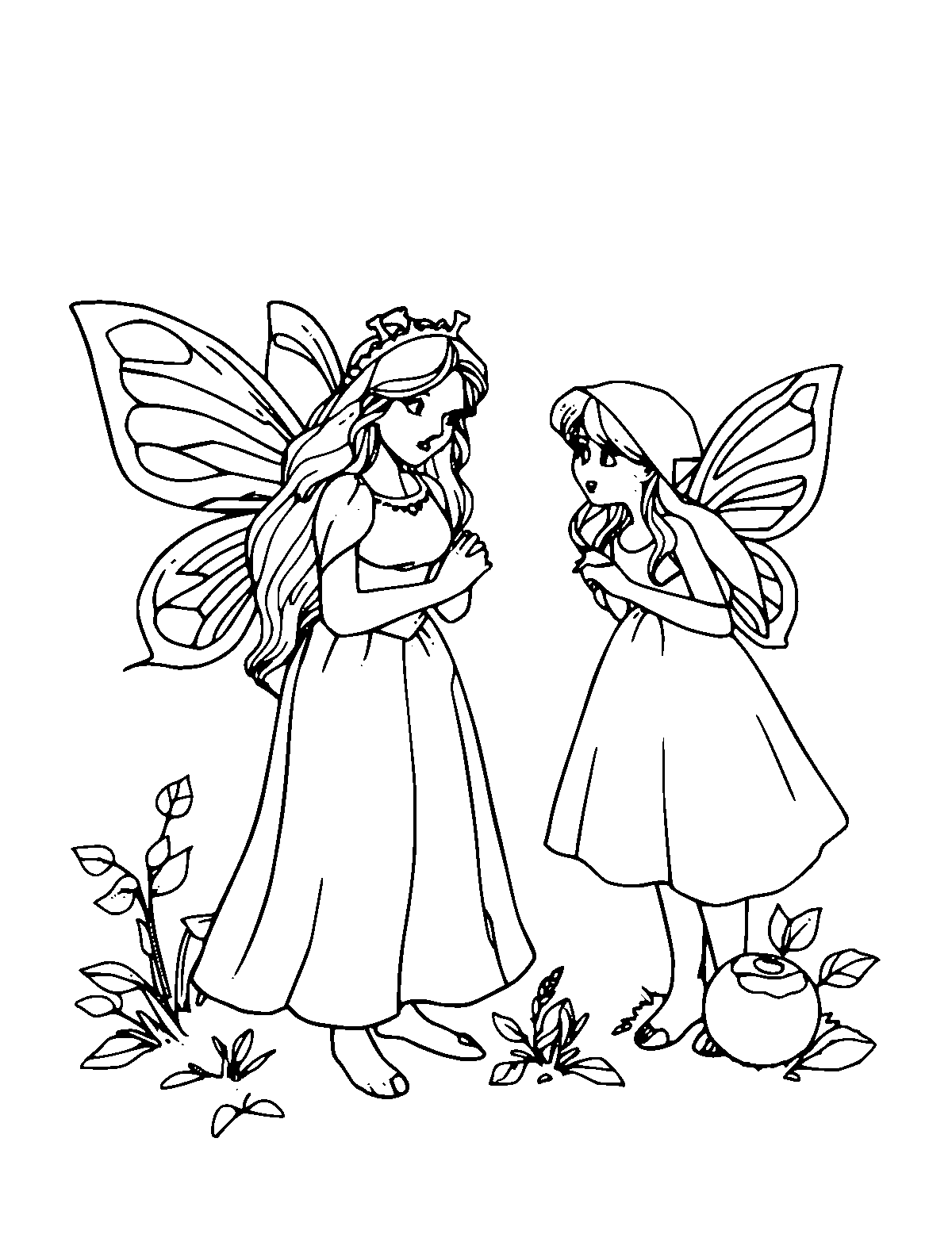 Line-art coloring page of Fairy Tales, medium outlines, centered