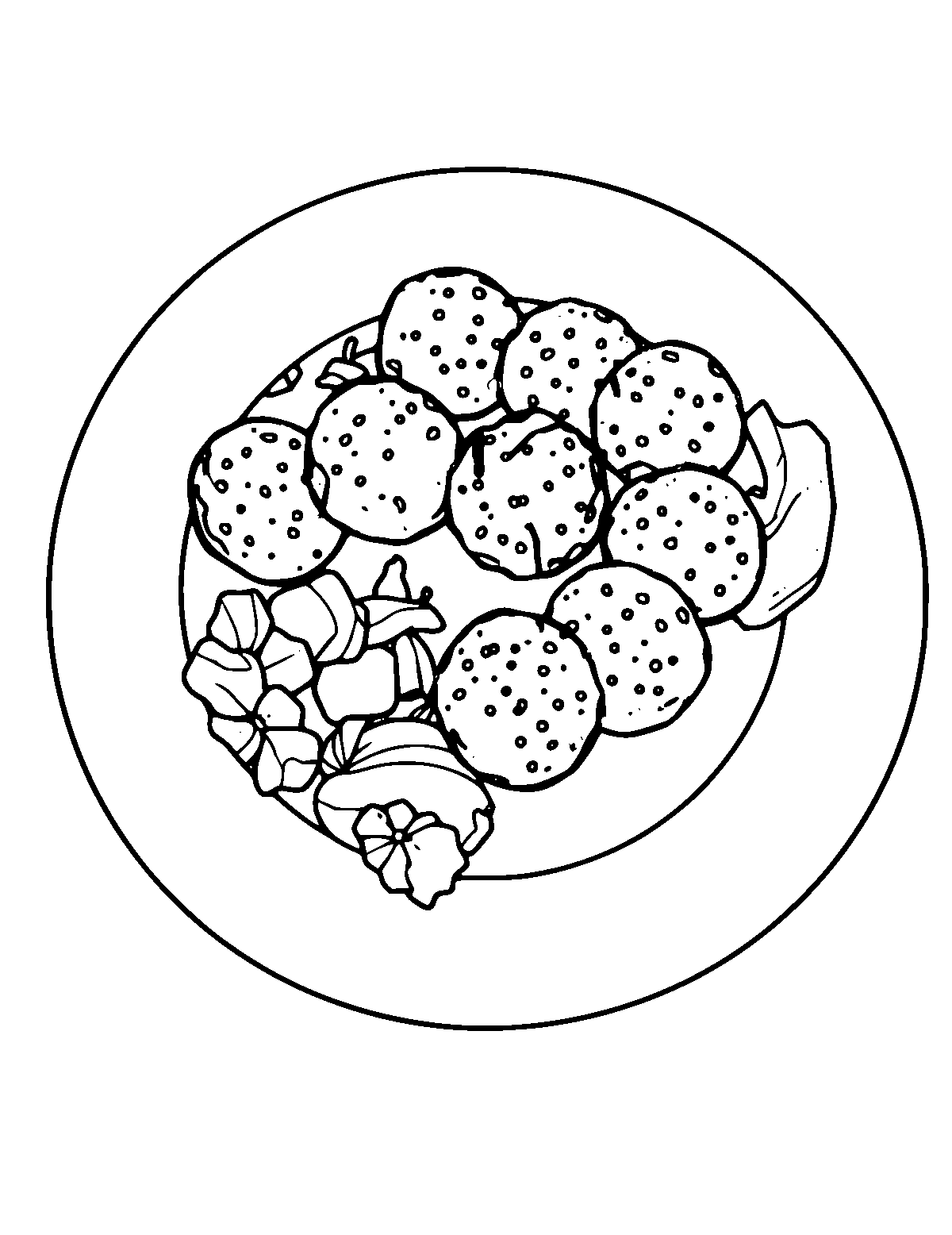 Line-art coloring page of Falafel Plate, medium outlines, centered