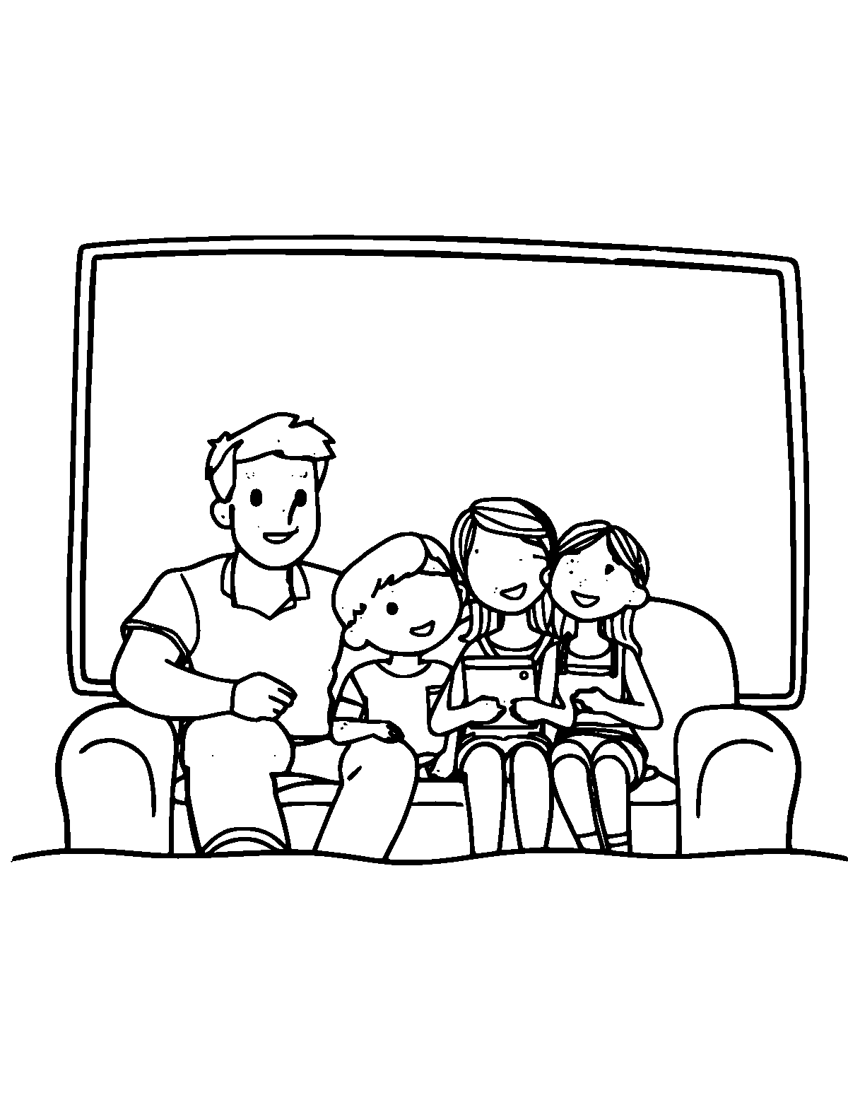 Line-art coloring page of Family Watching Movie, medium outlines, centered