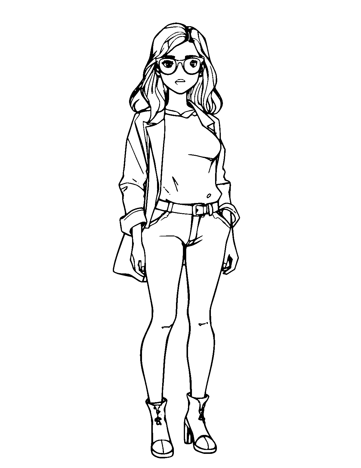 Line-art coloring page of Fashion Model, medium outlines, centered