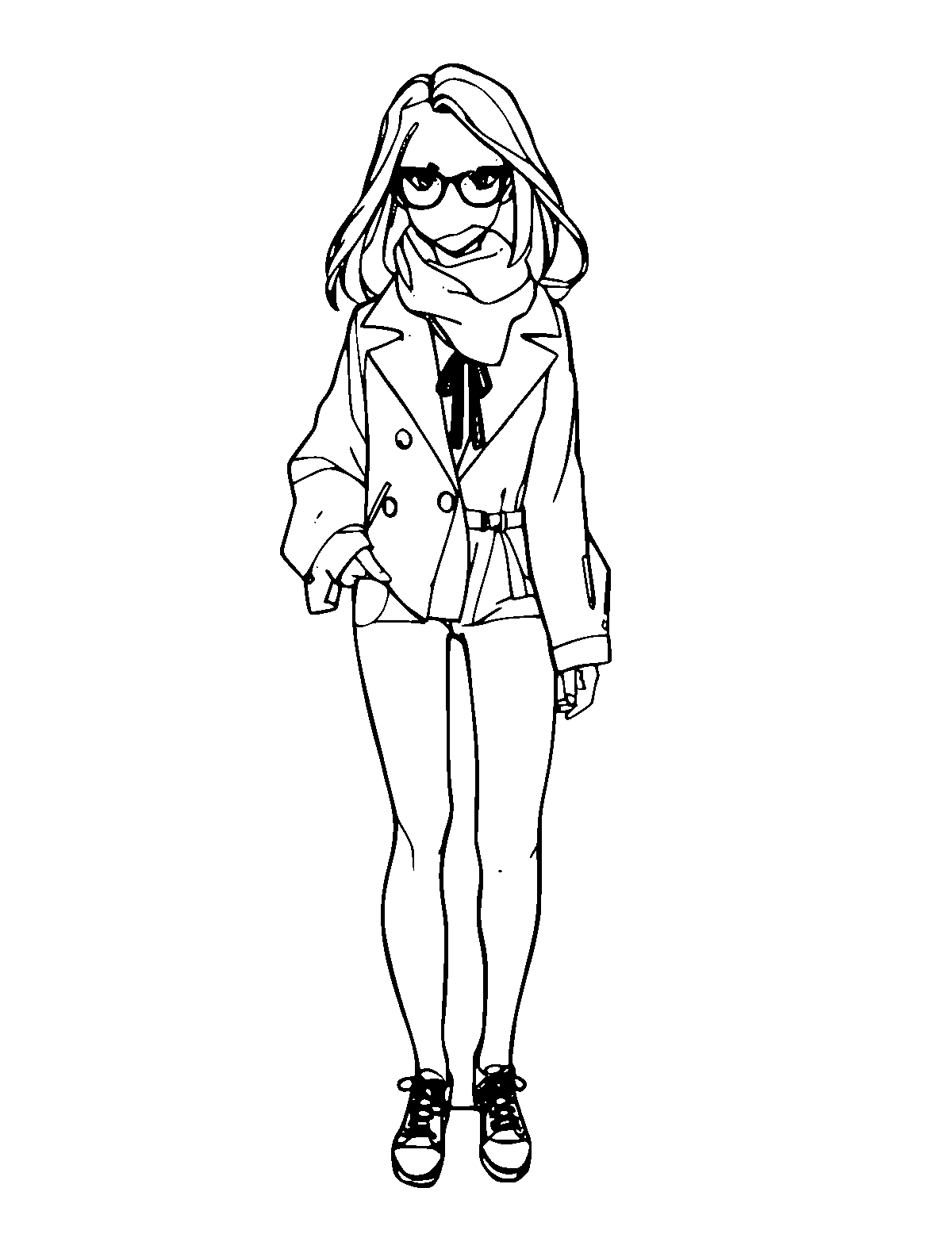 Line-art coloring page of Fashion Model, medium outlines, centered