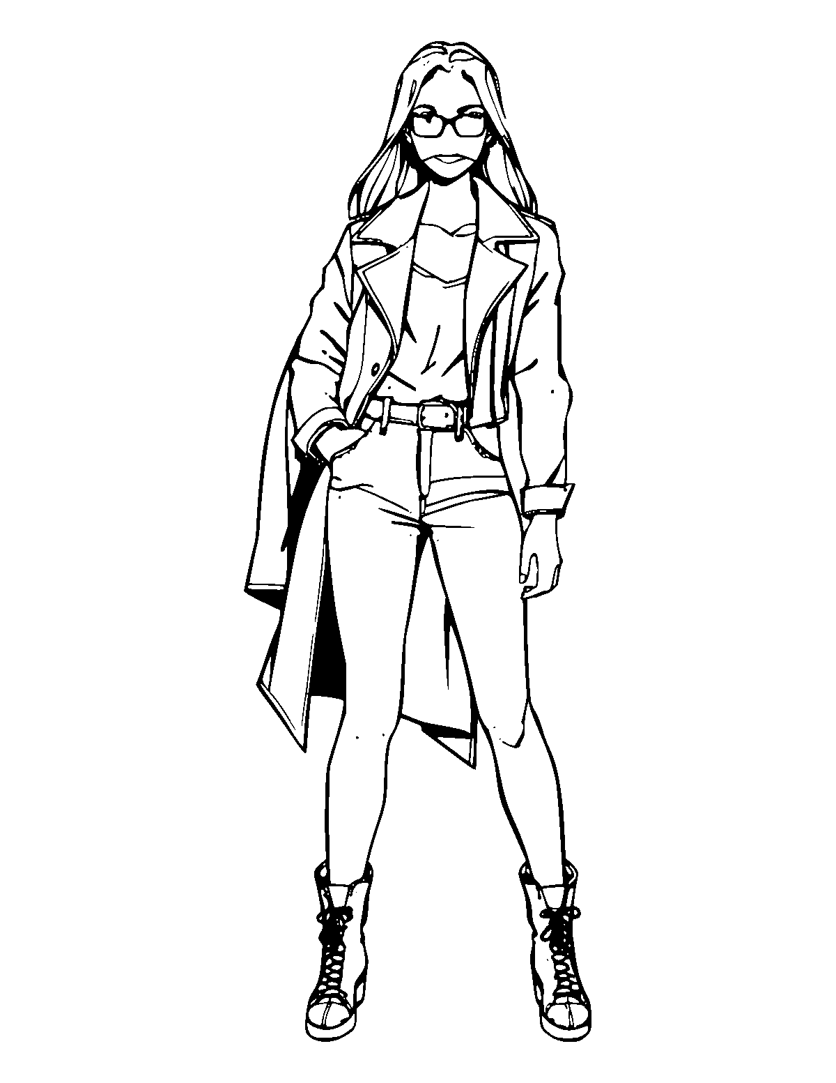 Line-art coloring page of Fashion Model, medium outlines, centered