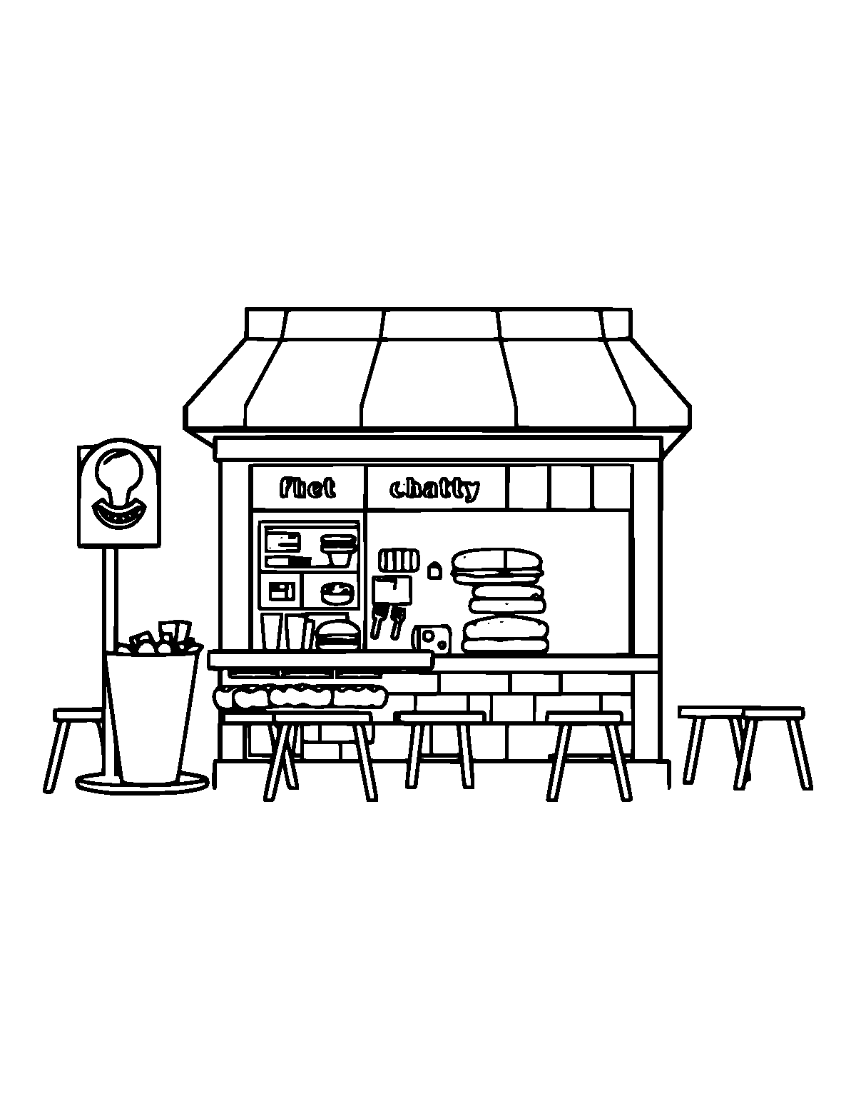 Line-art coloring page of Fast Food Restaurant, medium outlines, centered