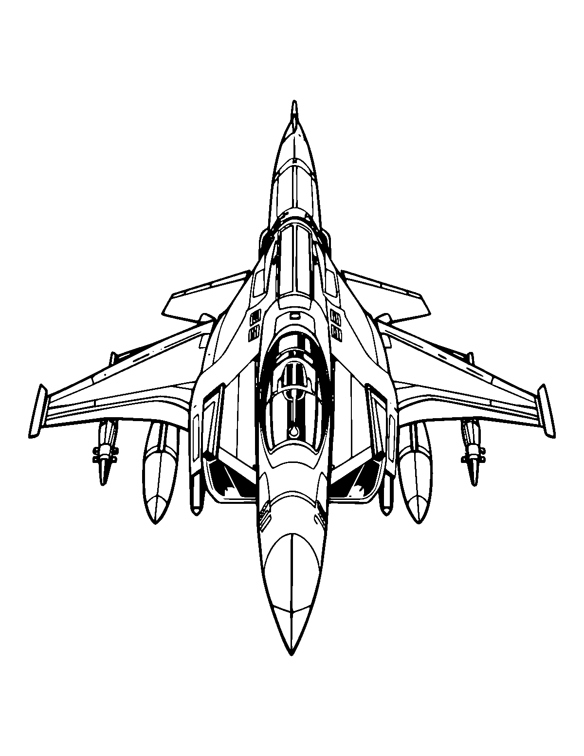Line-art coloring page of Fighter Jet, medium outlines, centered