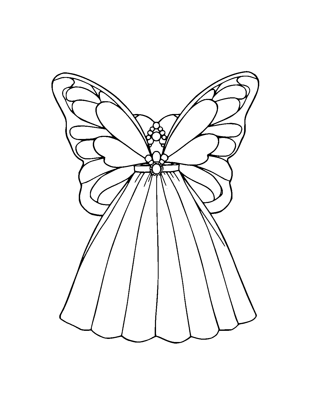 Line-art coloring page of Filipino Terno Butterfly Dress, medium outlines, centered