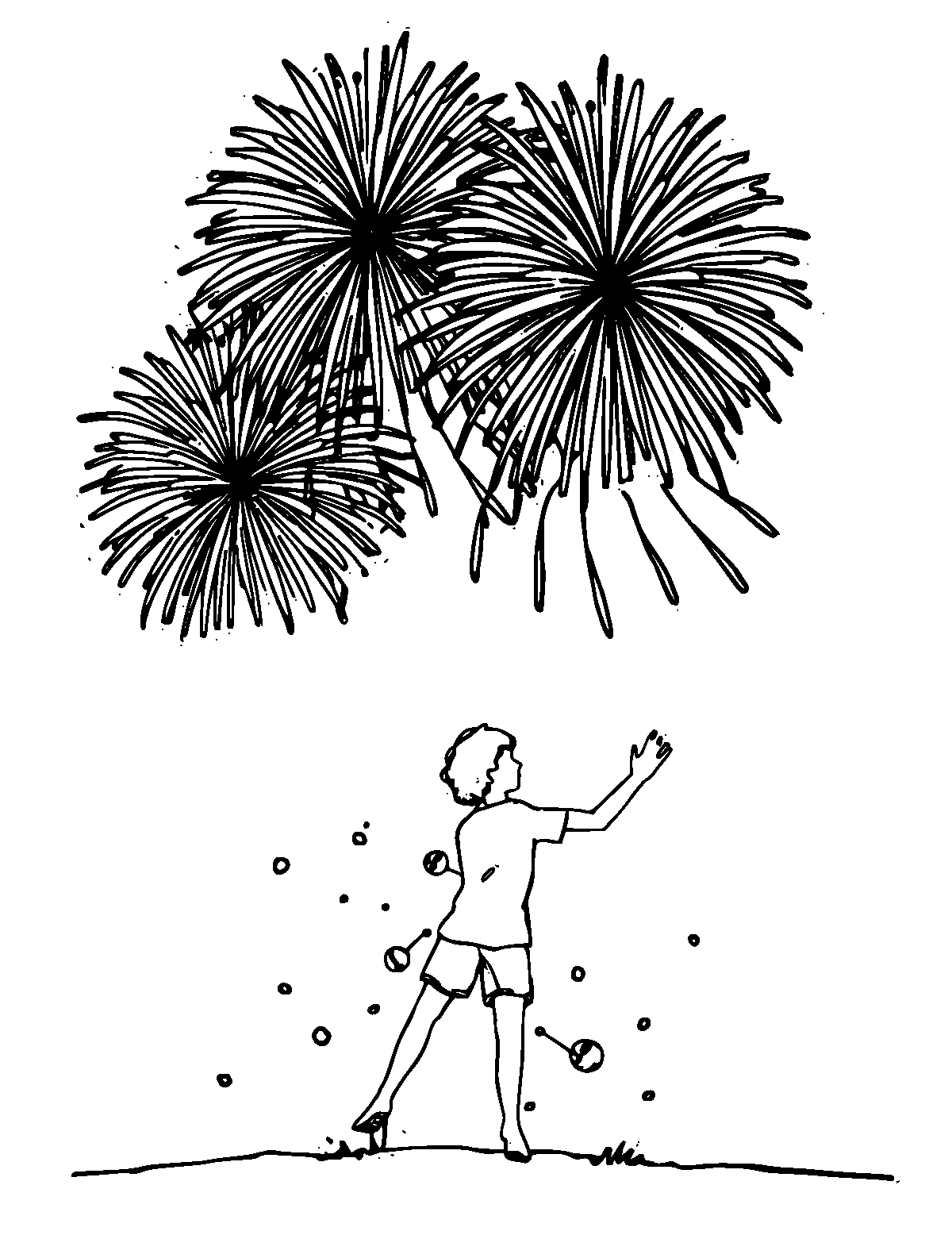Line-art coloring page of Fireworks Display, medium outlines, centered