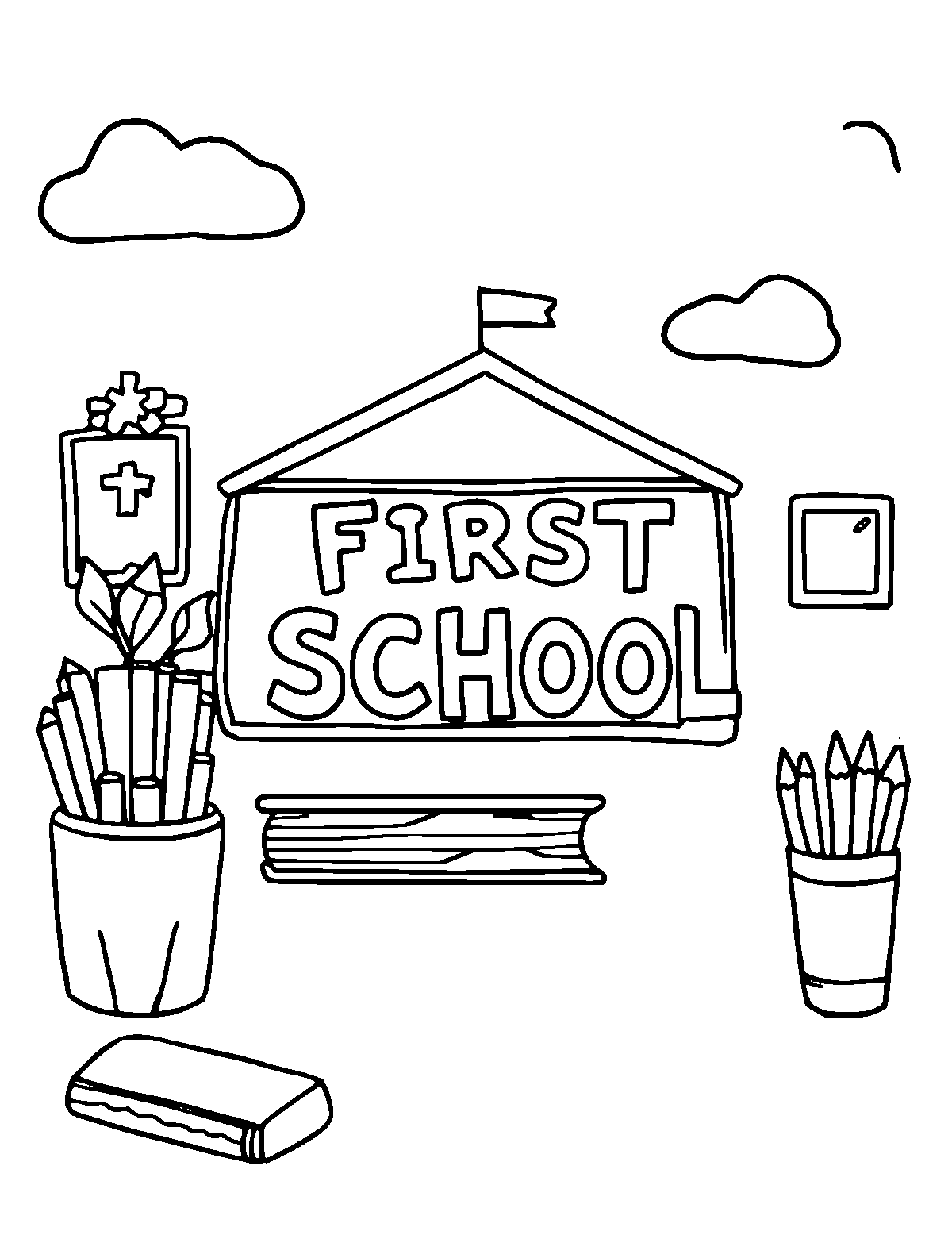 Line-art coloring page of First Day of School, medium outlines, centered