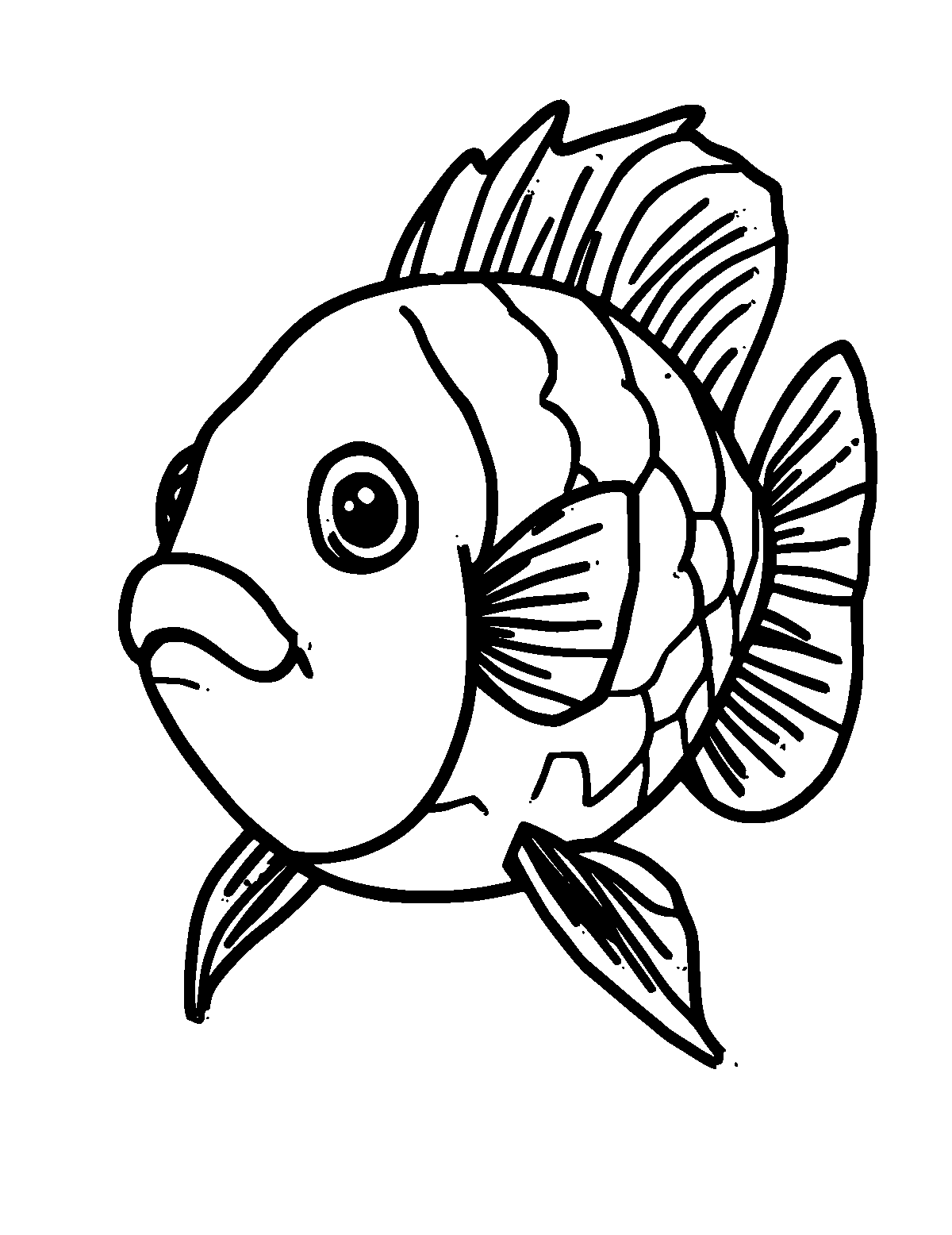 Line-art coloring page of Fish, thick outlines, centered