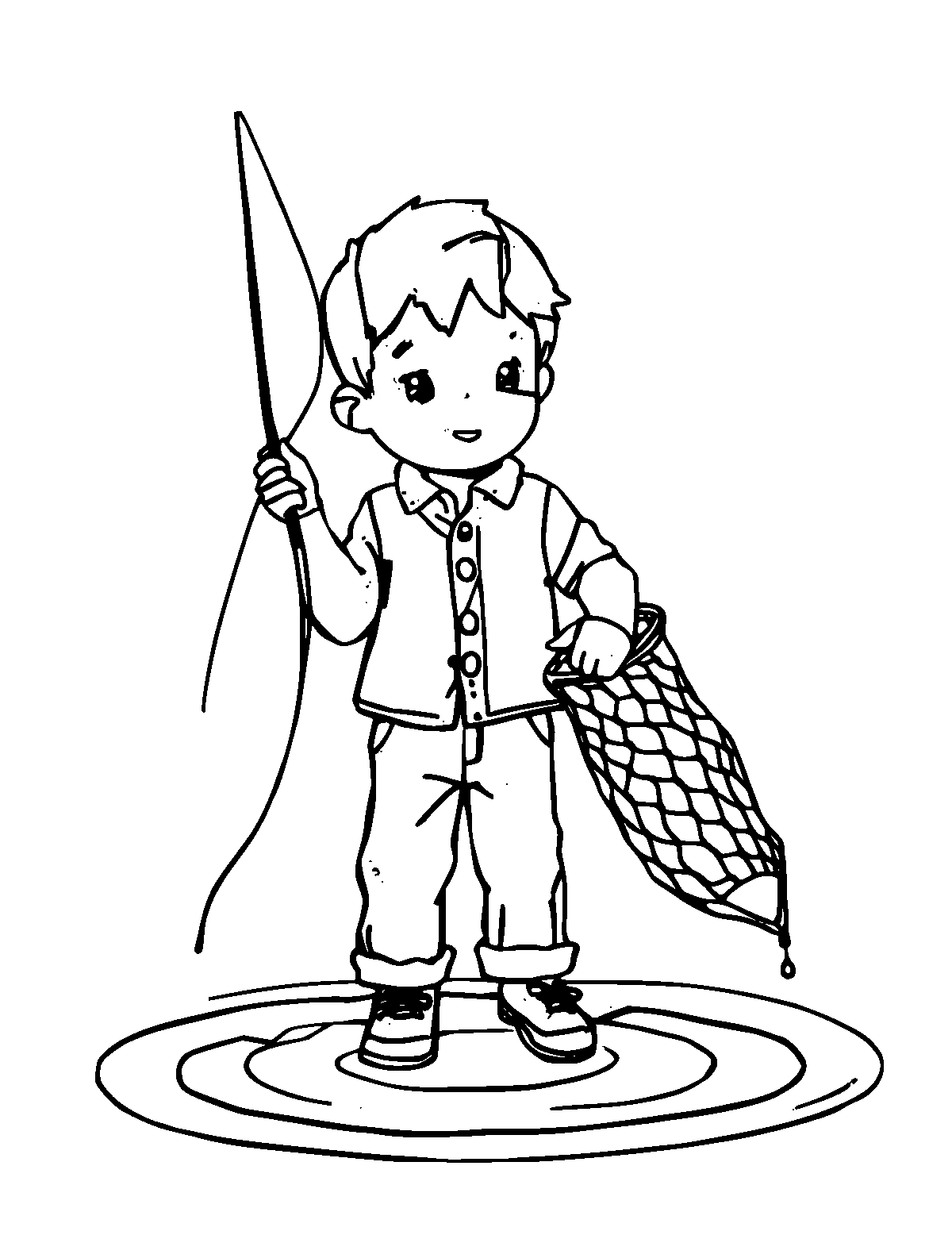 Line-art coloring page of Fishing Net, medium outlines, centered