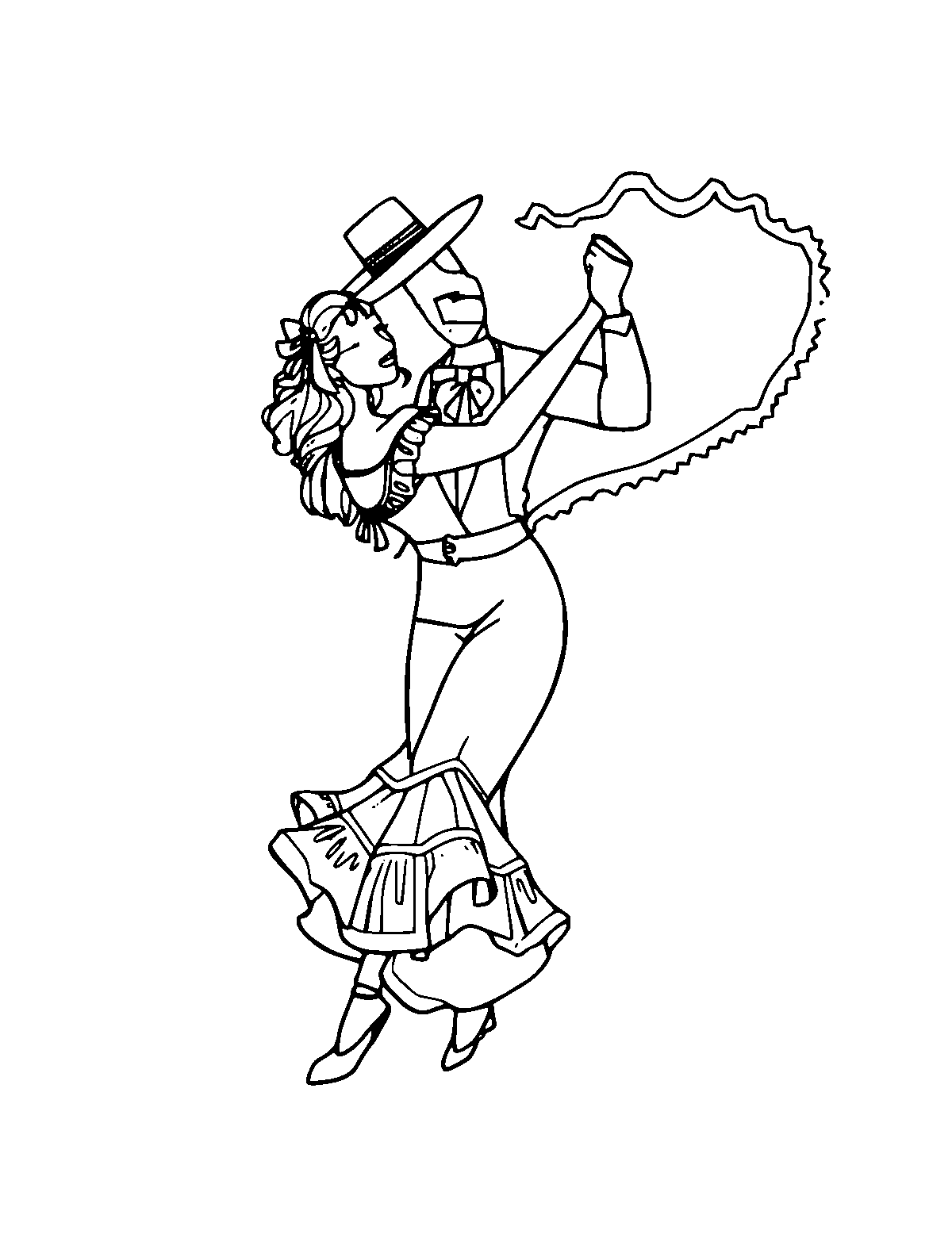 Line-art coloring page of Flamenco Dance, medium outlines, centered