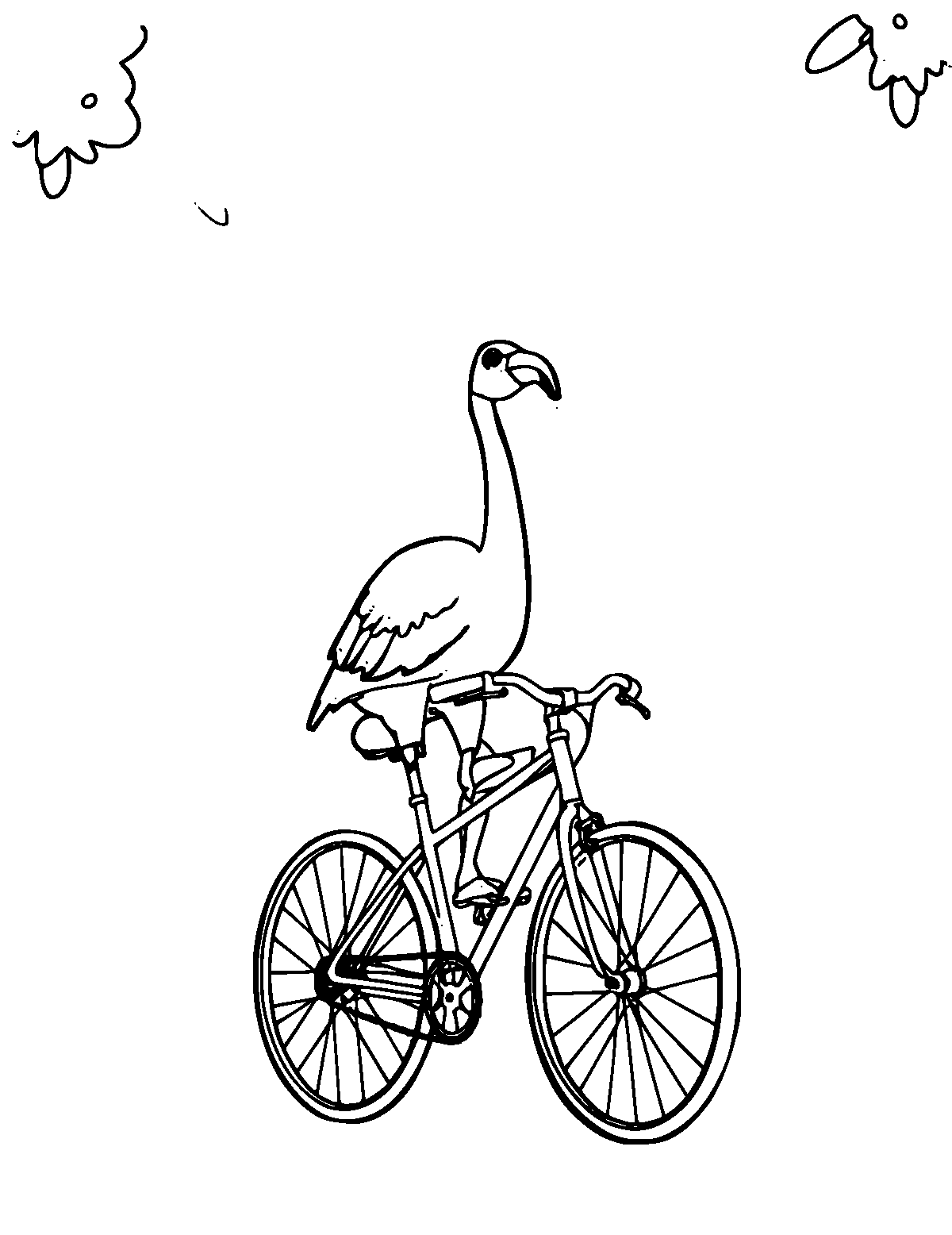 Line-art coloring page of Flamingo Riding a Bicycle, medium outlines, centered