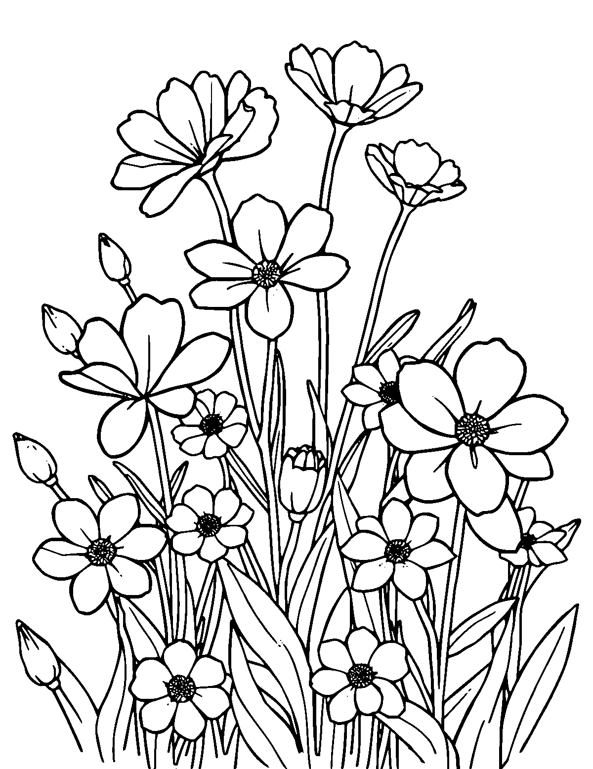 Line-art coloring page of Flower Garden, medium outlines, centered