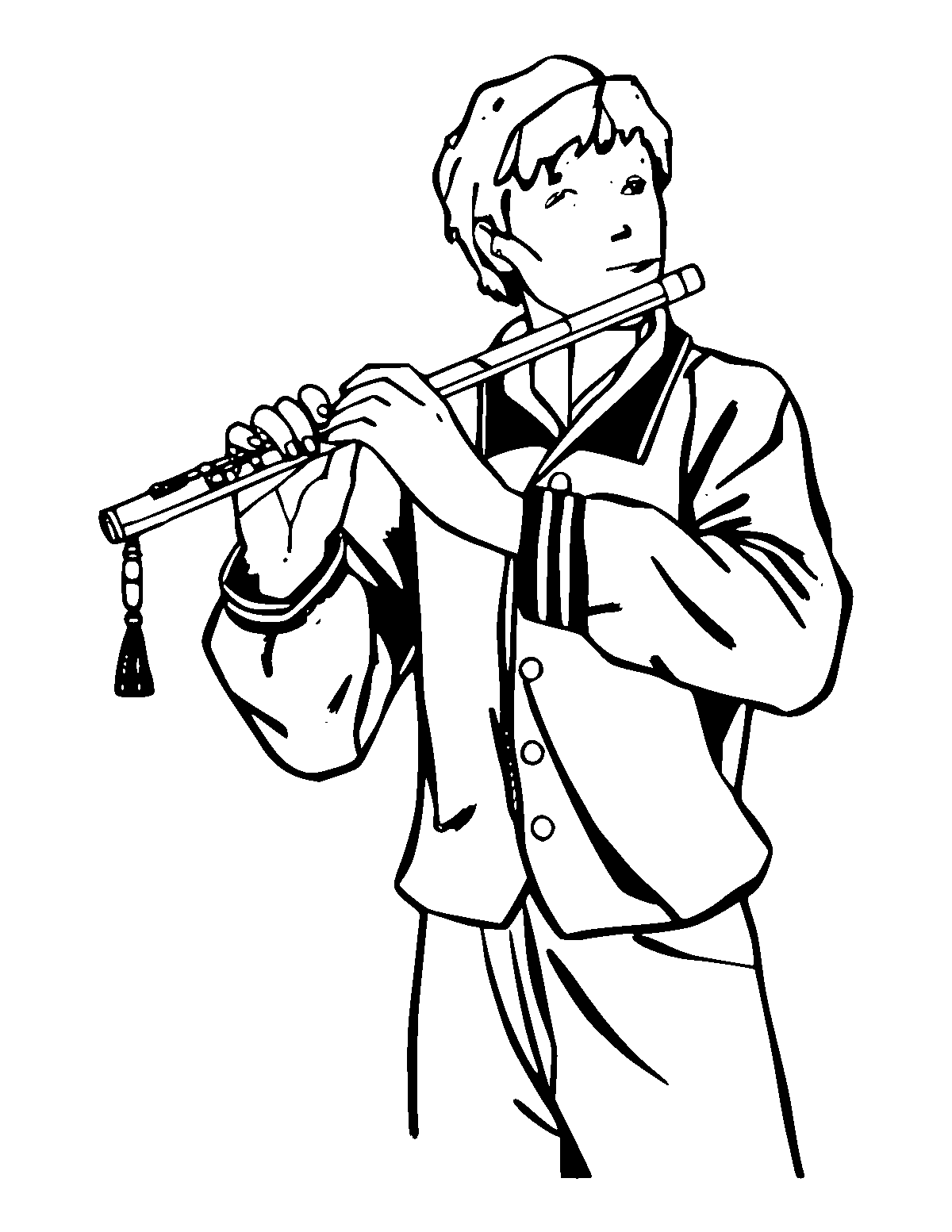Line-art coloring page of Flute Player, medium outlines, centered