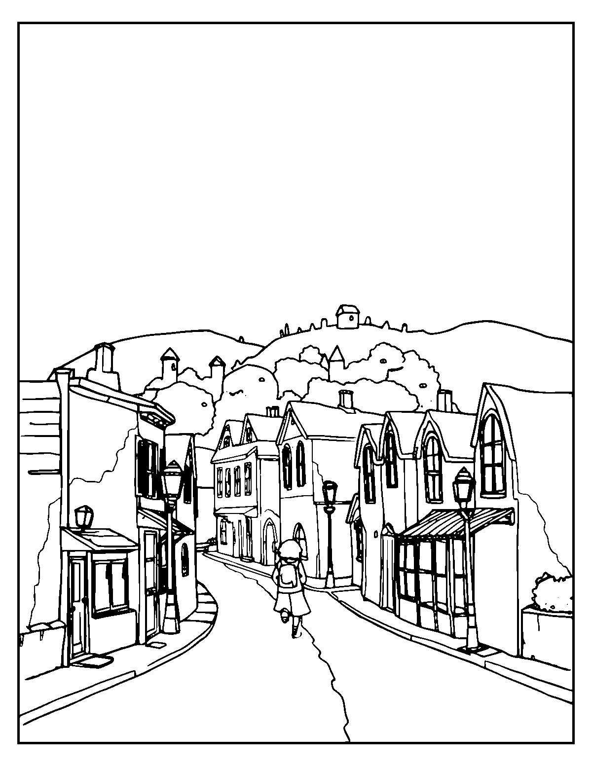 Line-art coloring page of Foggy Town, medium outlines, centered