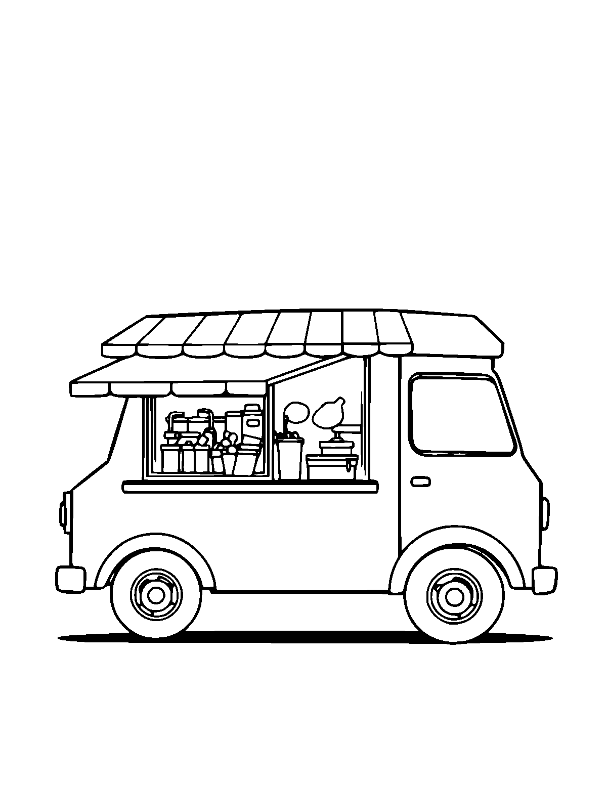 Line-art coloring page of Food Truck, medium outlines, centered