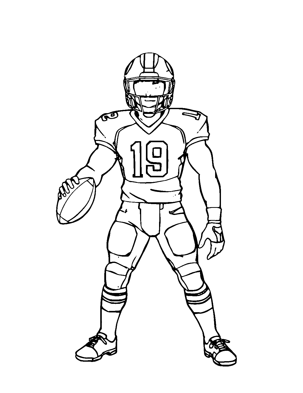 Line-art coloring page of Football Player, medium outlines, centered