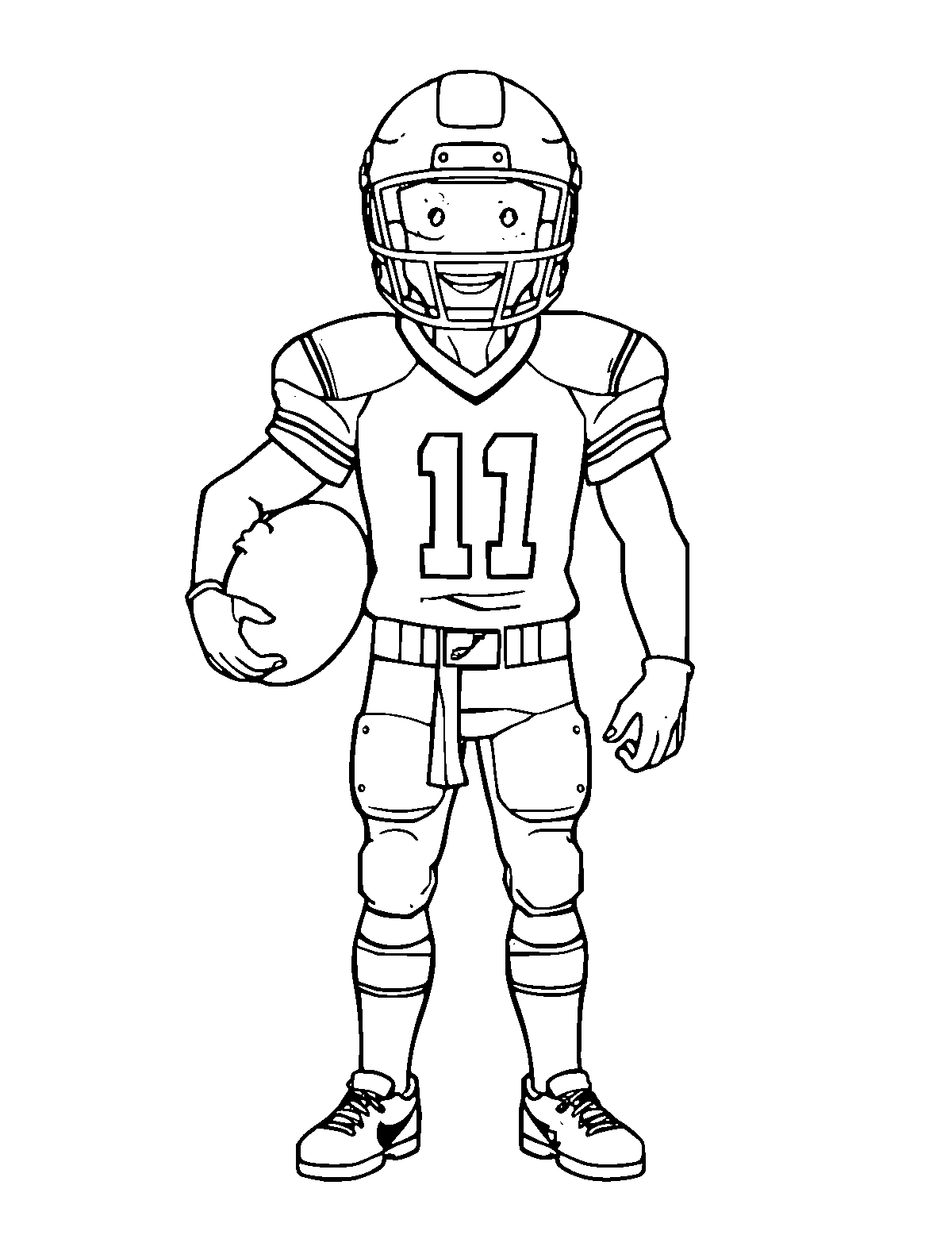 Line-art coloring page of Football Player, medium outlines, centered