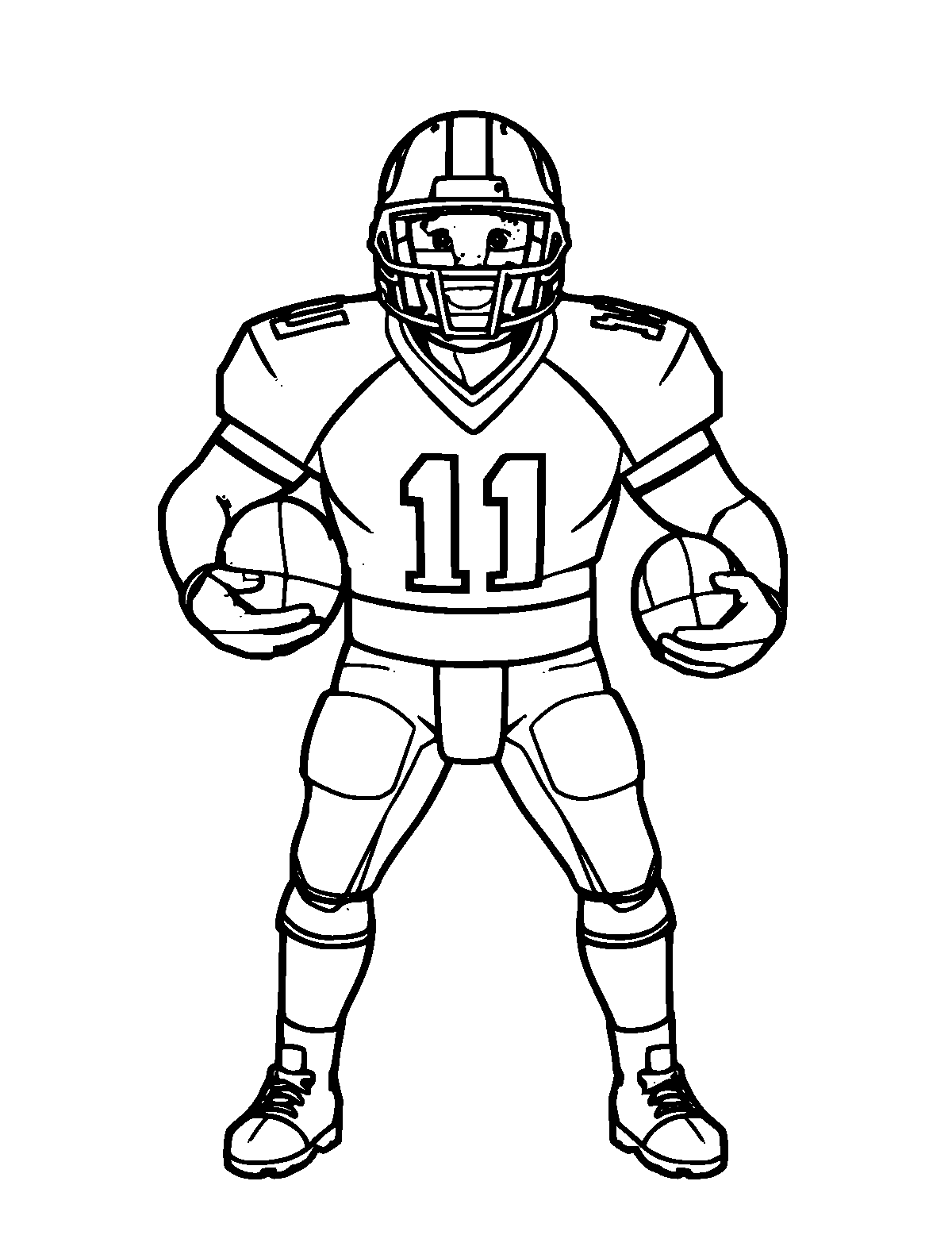 Line-art coloring page of Football Player, medium outlines, centered