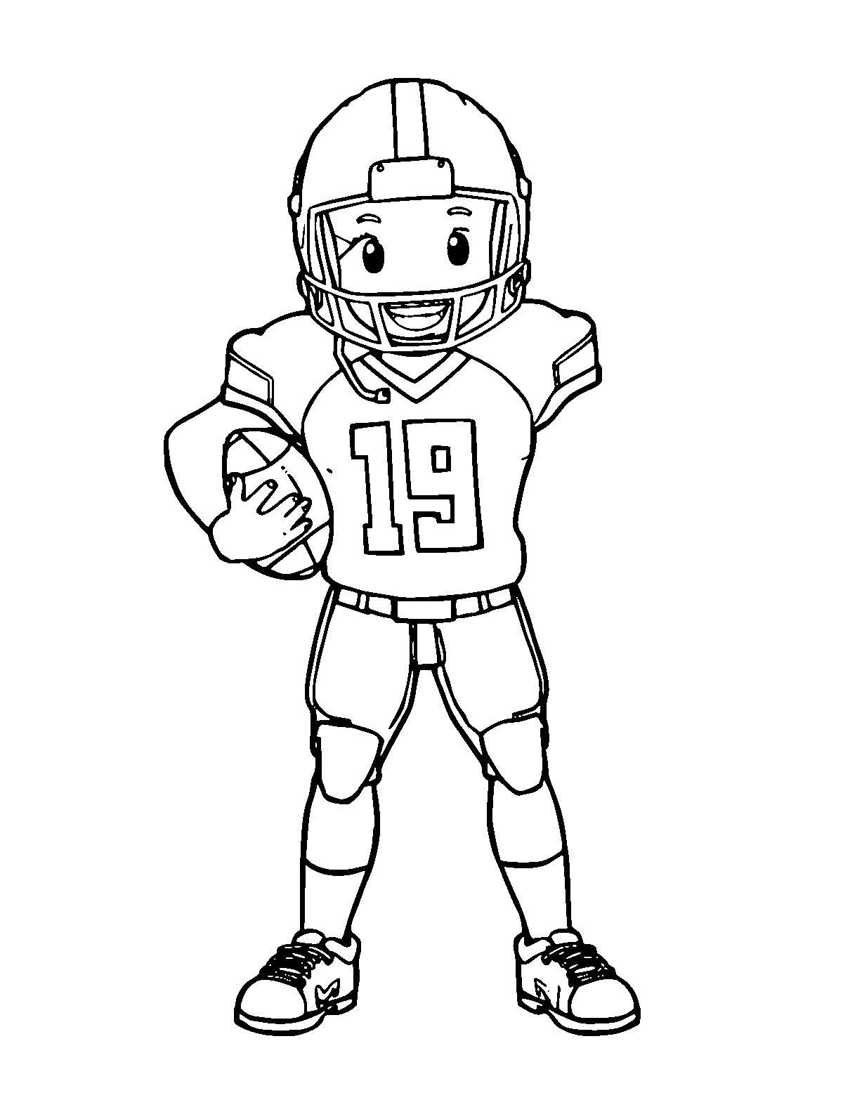 Line-art coloring page of Football Player, medium outlines, centered