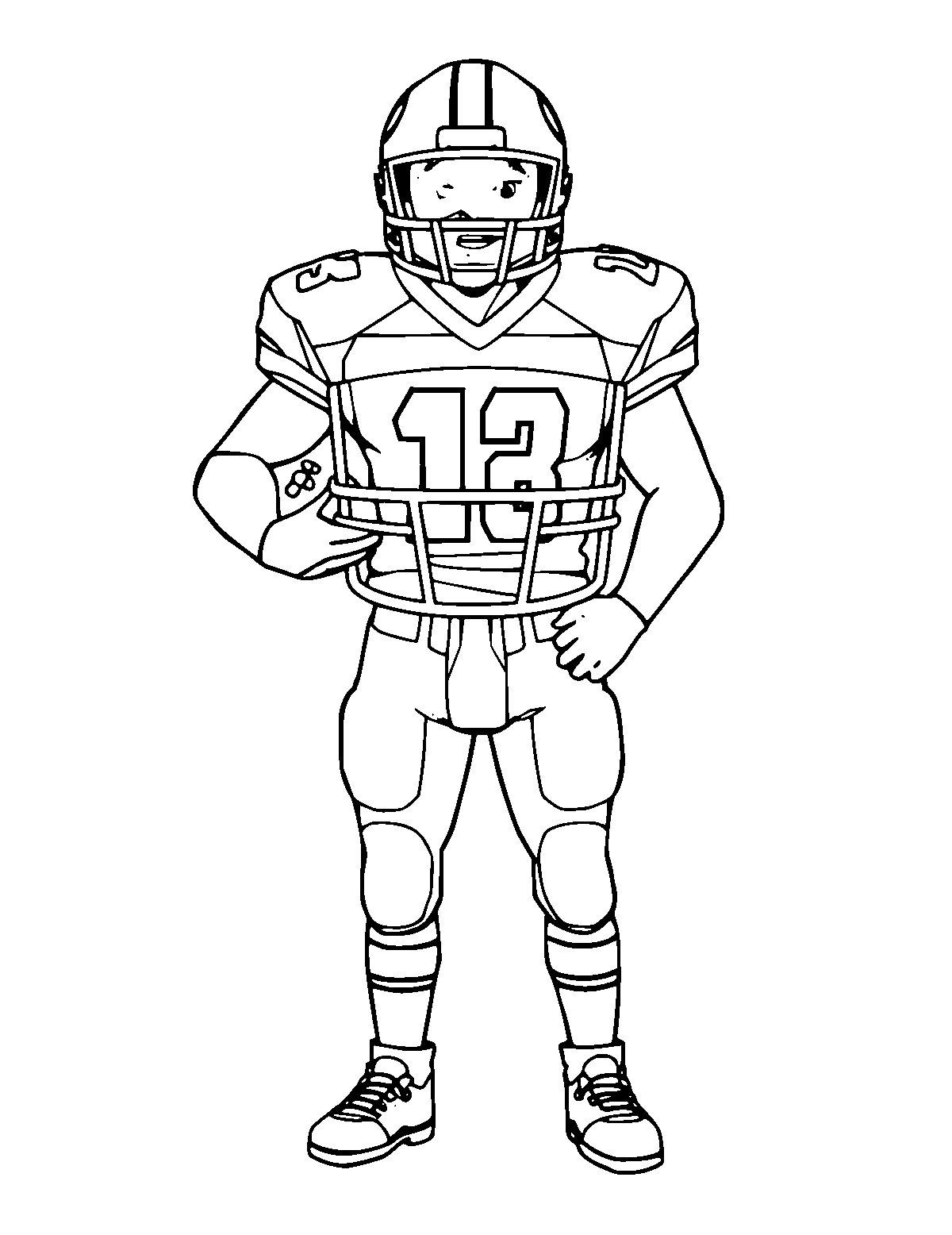 Line-art coloring page of Football Player, medium outlines, centered