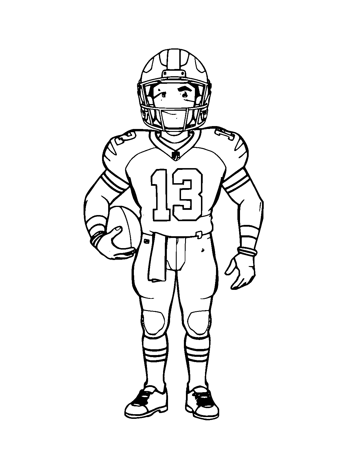 Line-art coloring page of Football Player, medium outlines, centered
