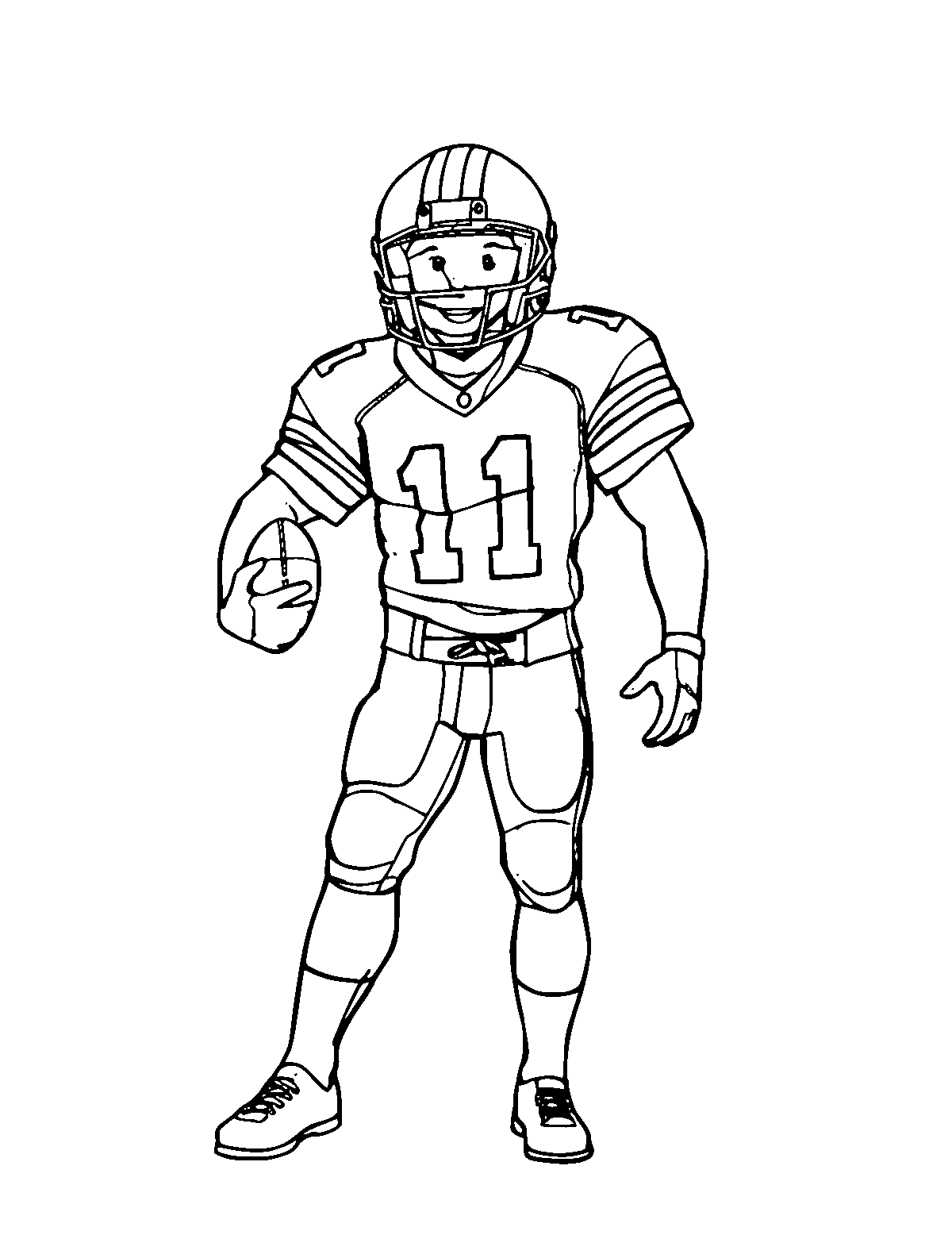 Line-art coloring page of Football Player, medium outlines, centered