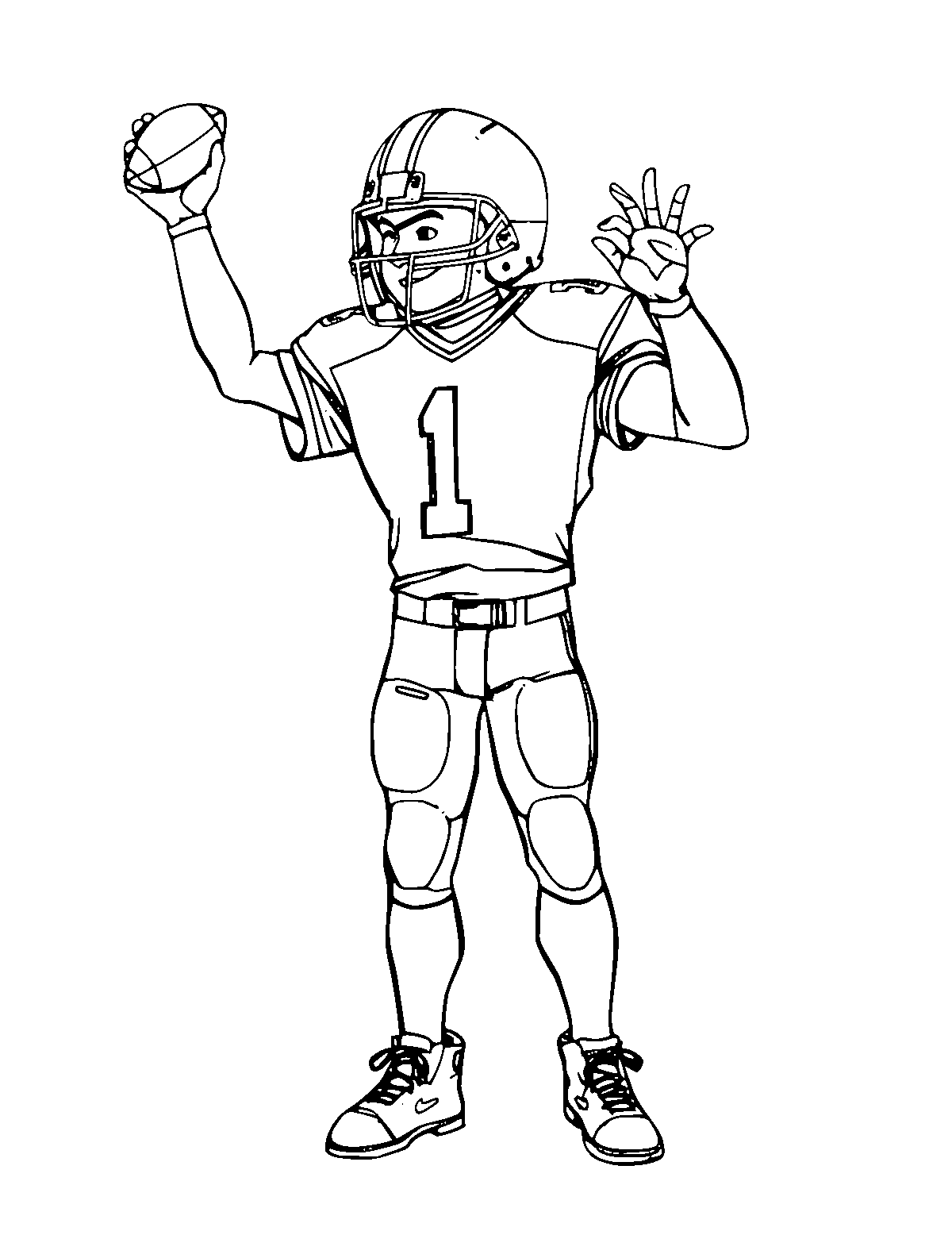 Line-art coloring page of Football Player, medium outlines, centered