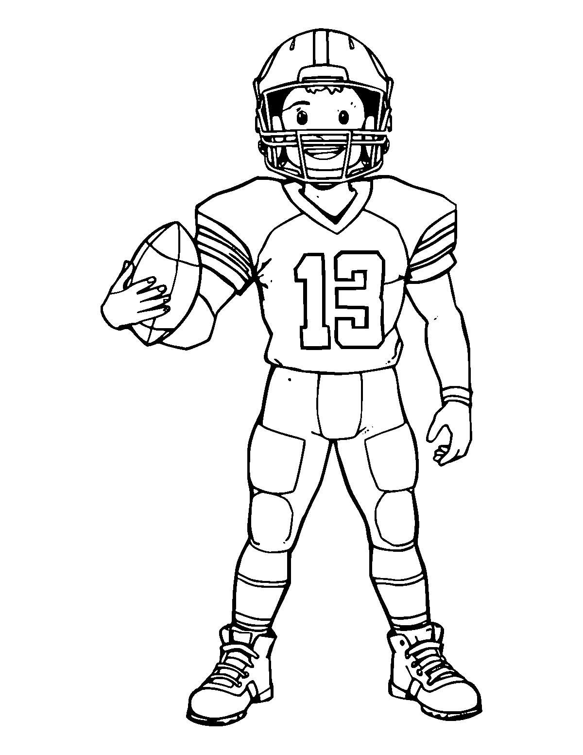 Line-art coloring page of Football Player, medium outlines, centered