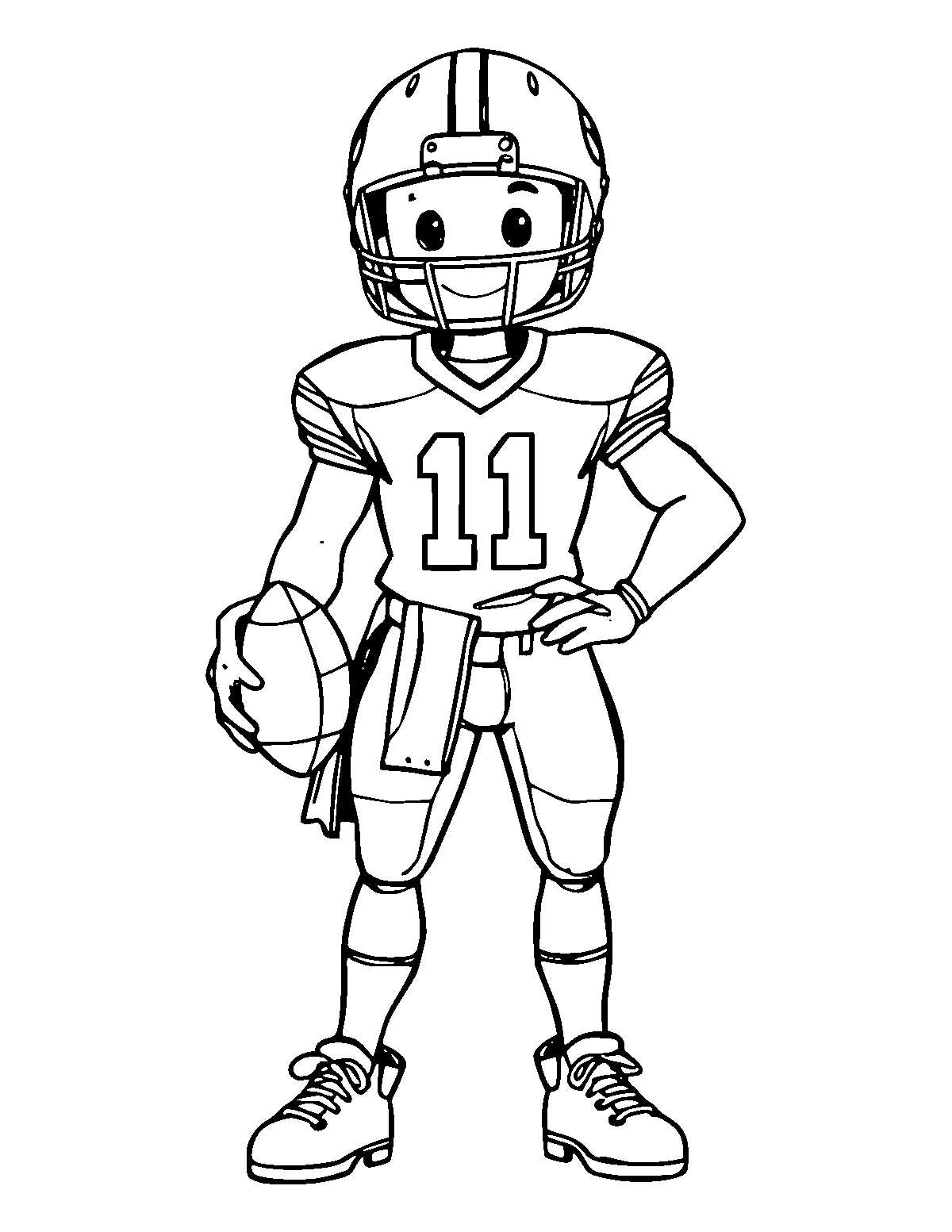 Line-art coloring page of Football Player, medium outlines, centered