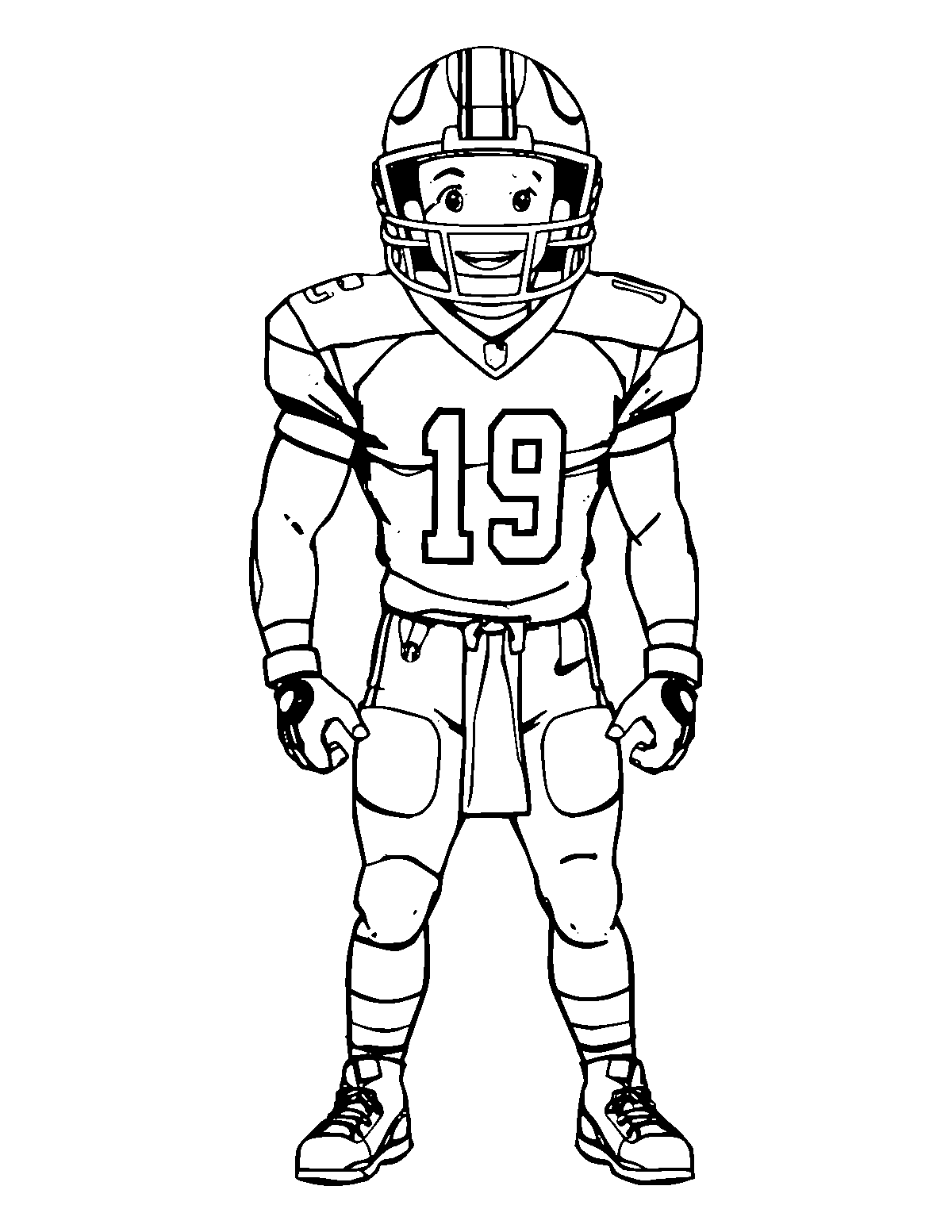 Line-art coloring page of Football Player, medium outlines, centered