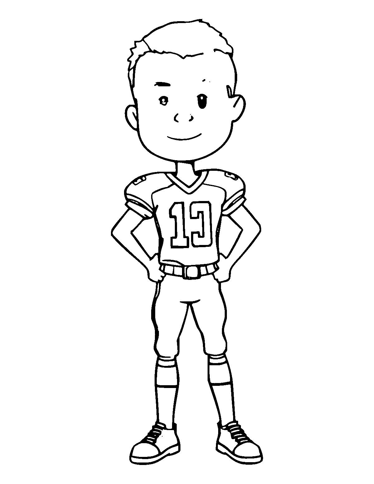 Line-art coloring page of Football Player, medium outlines, centered