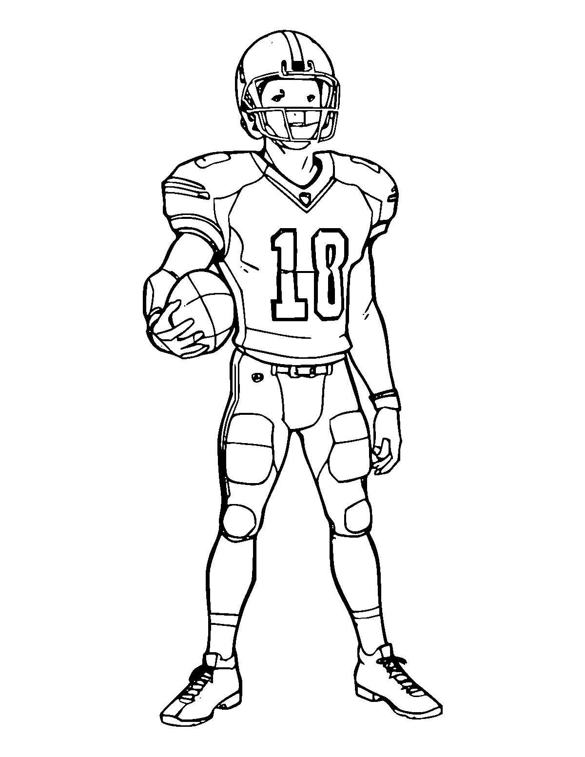 Line-art coloring page of Football Player, medium outlines, centered