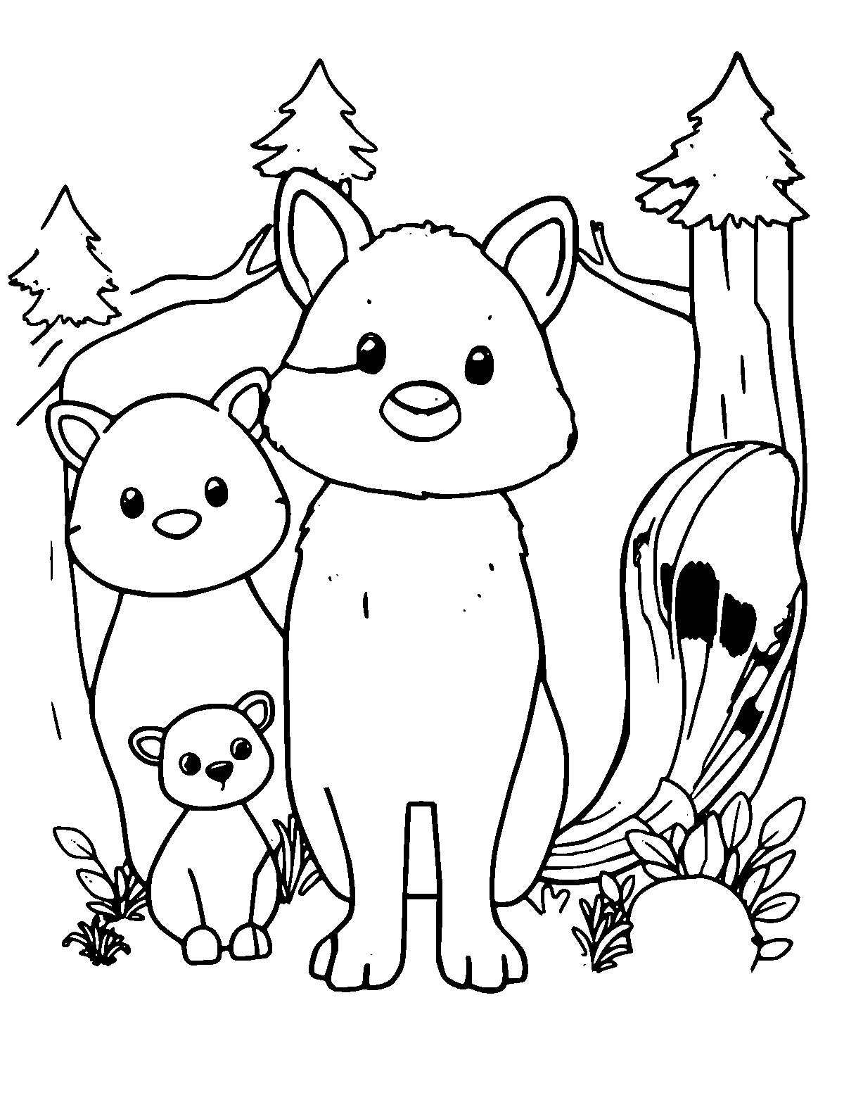 Line-art coloring page of Forest Animals, medium outlines, centered