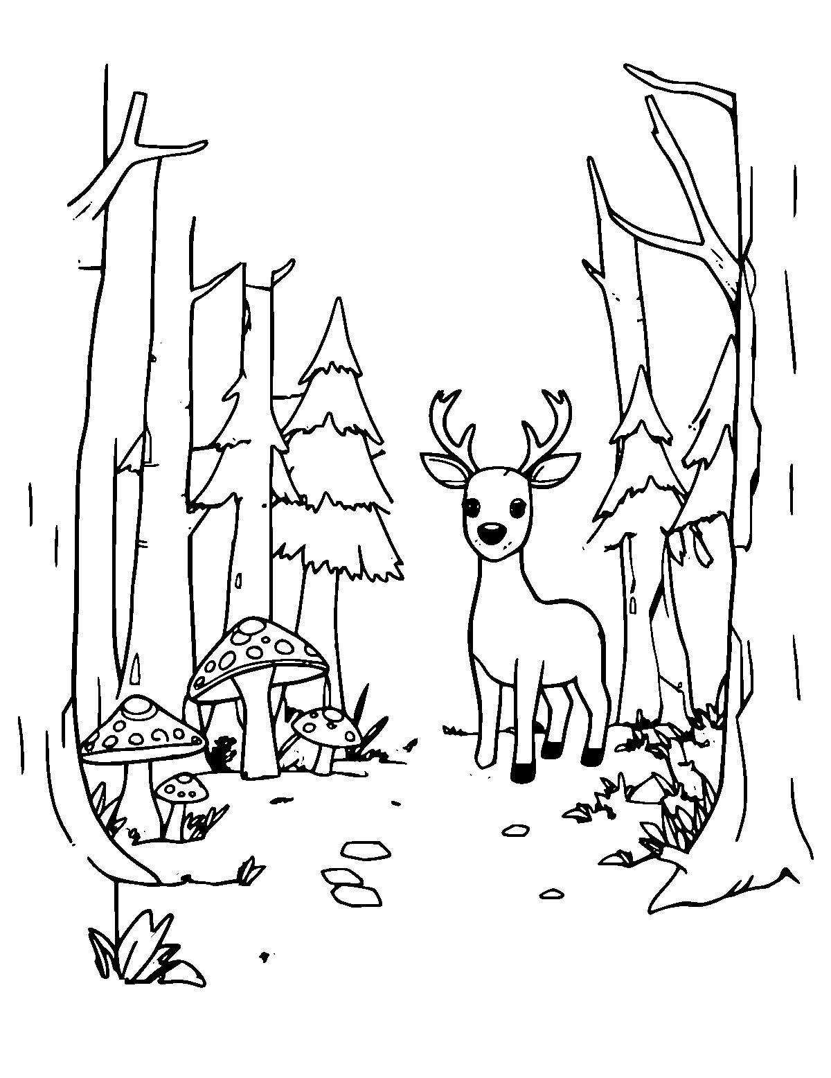 Line-art coloring page of Forest, medium outlines, centered