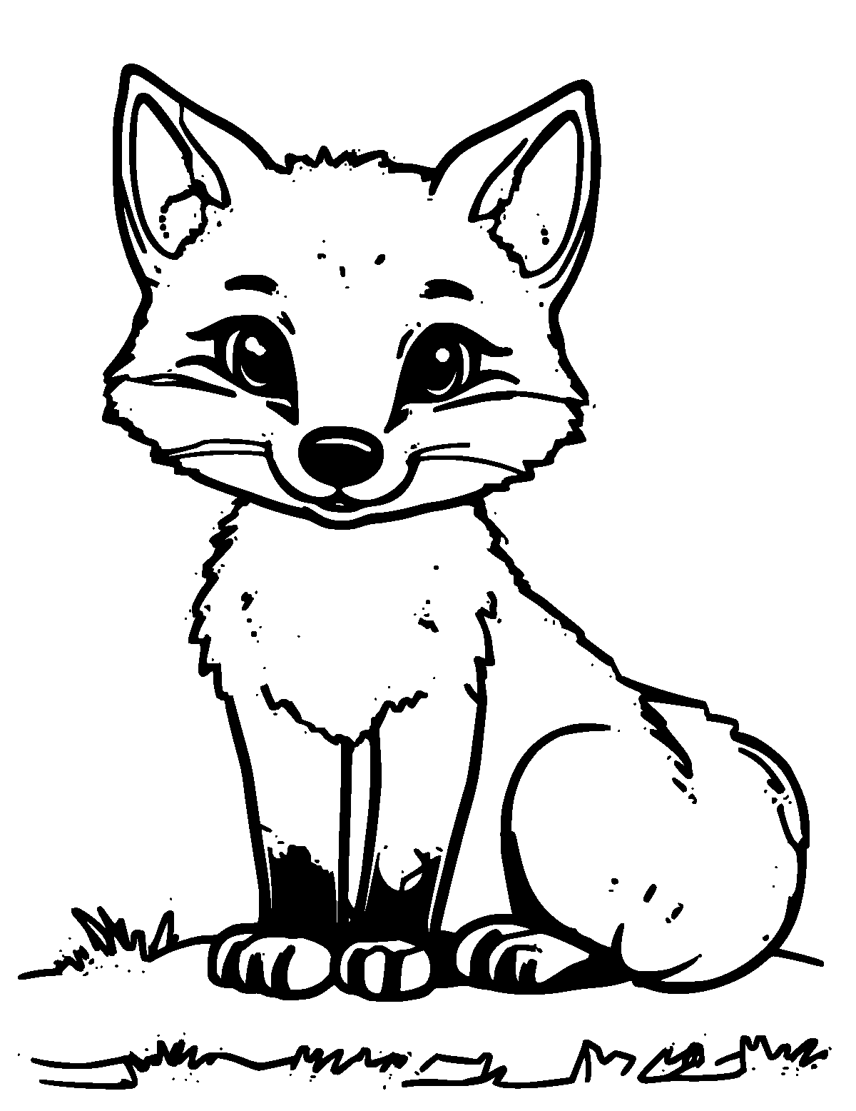 Line-art coloring page of Fox Kit, thick outlines, centered
