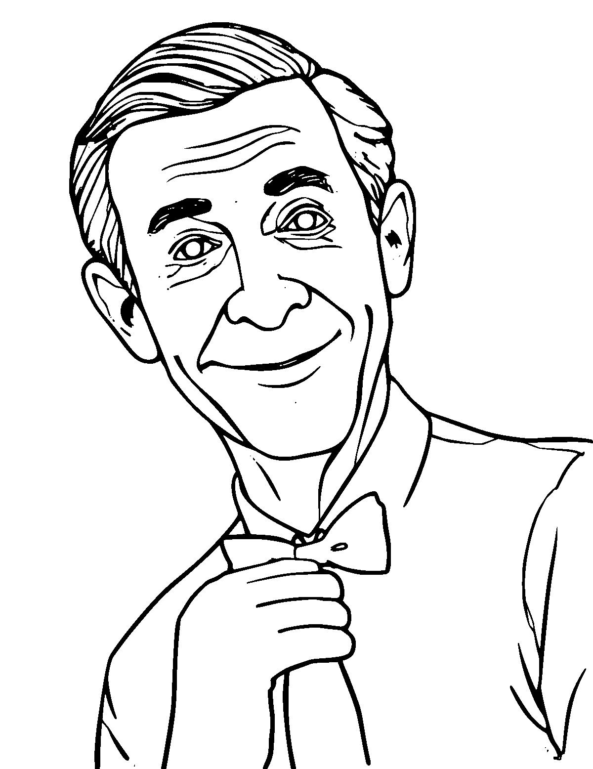 Line-art coloring page of Fred Rogers, medium outlines, centered