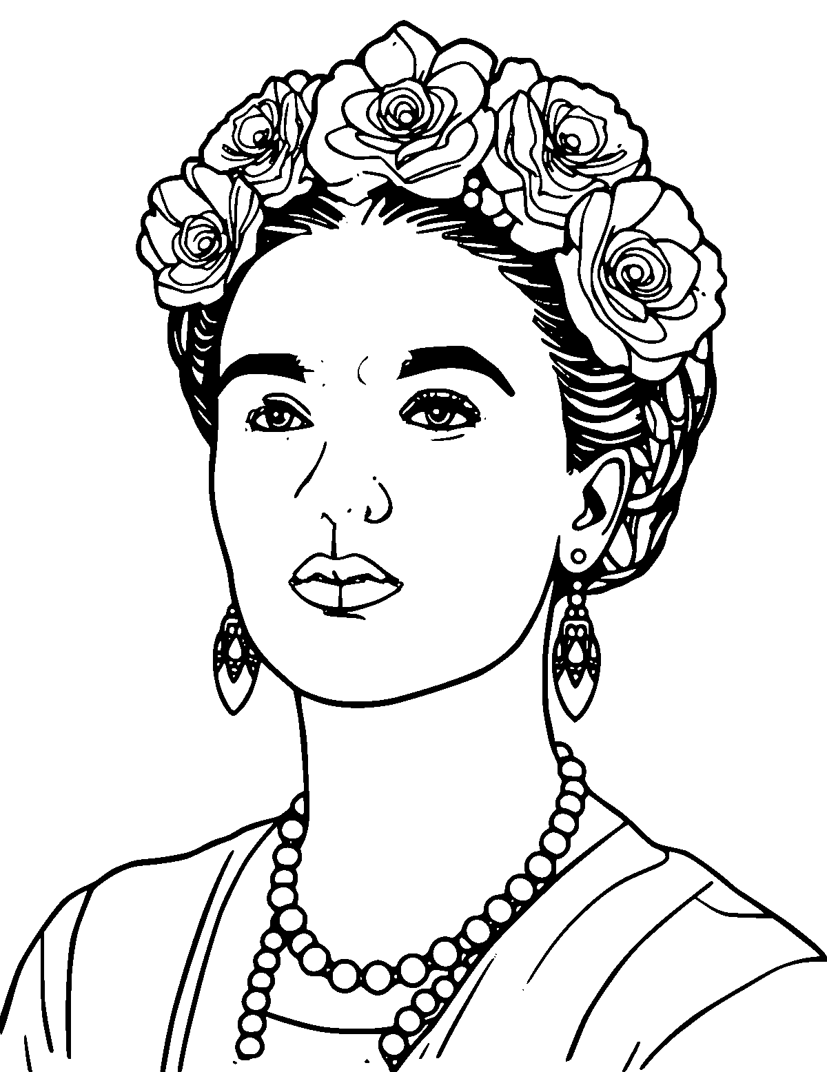 Line-art coloring page of Frida Kahlo, medium outlines, centered