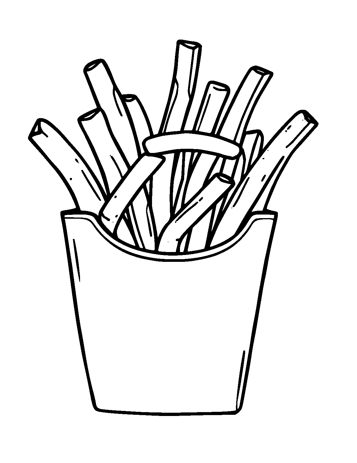 Line-art coloring page of Fries, thick outlines, centered