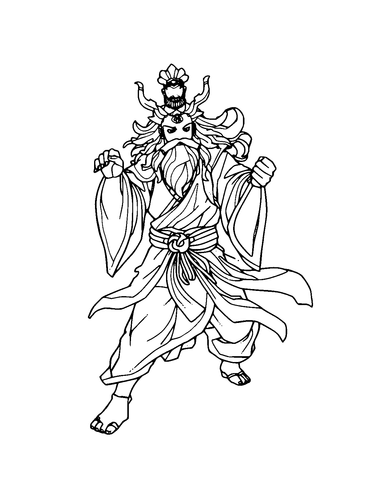 Line-art coloring page of Fujin the Wind God, medium outlines, centered