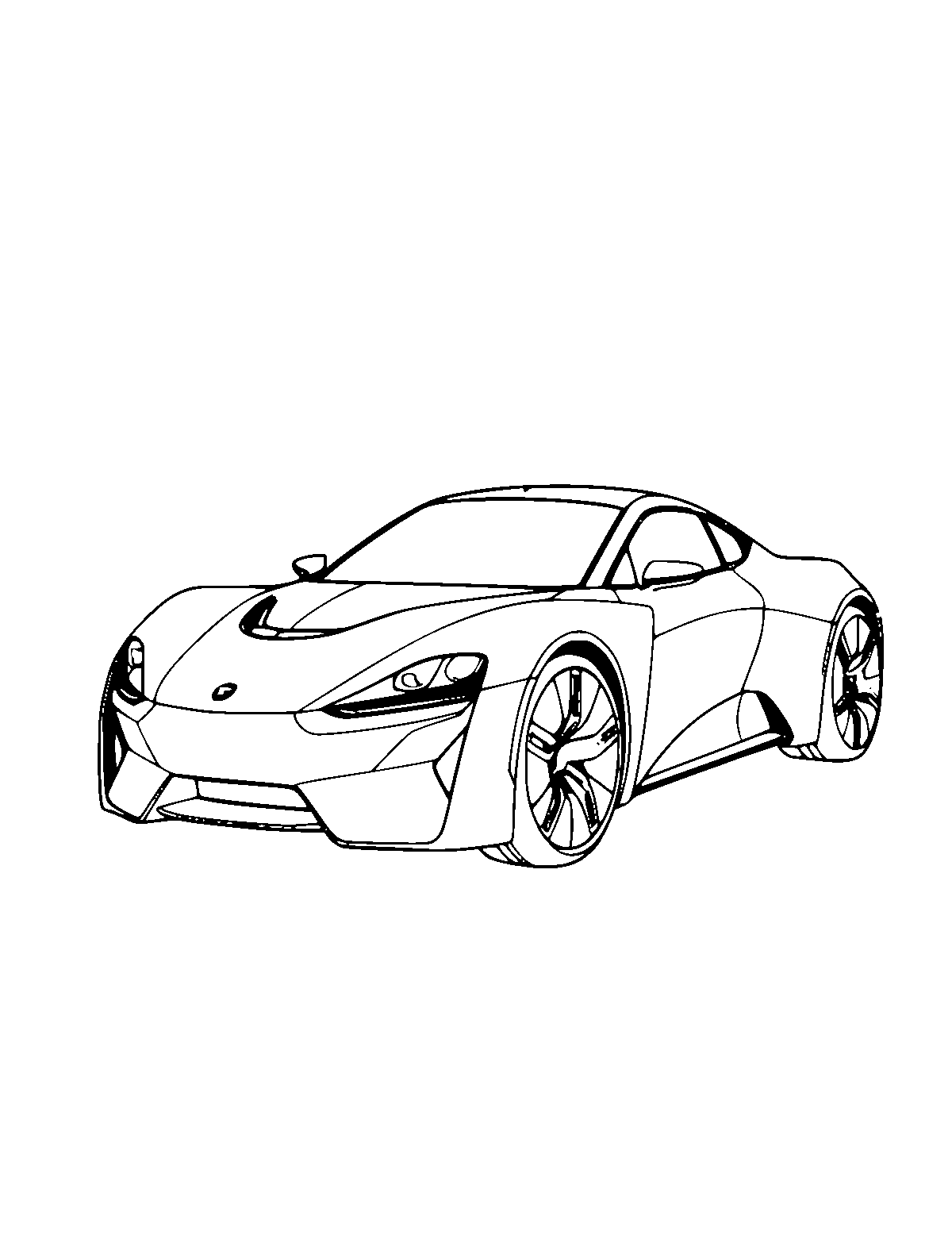 Line-art coloring page of Futuristic Car, medium outlines, centered