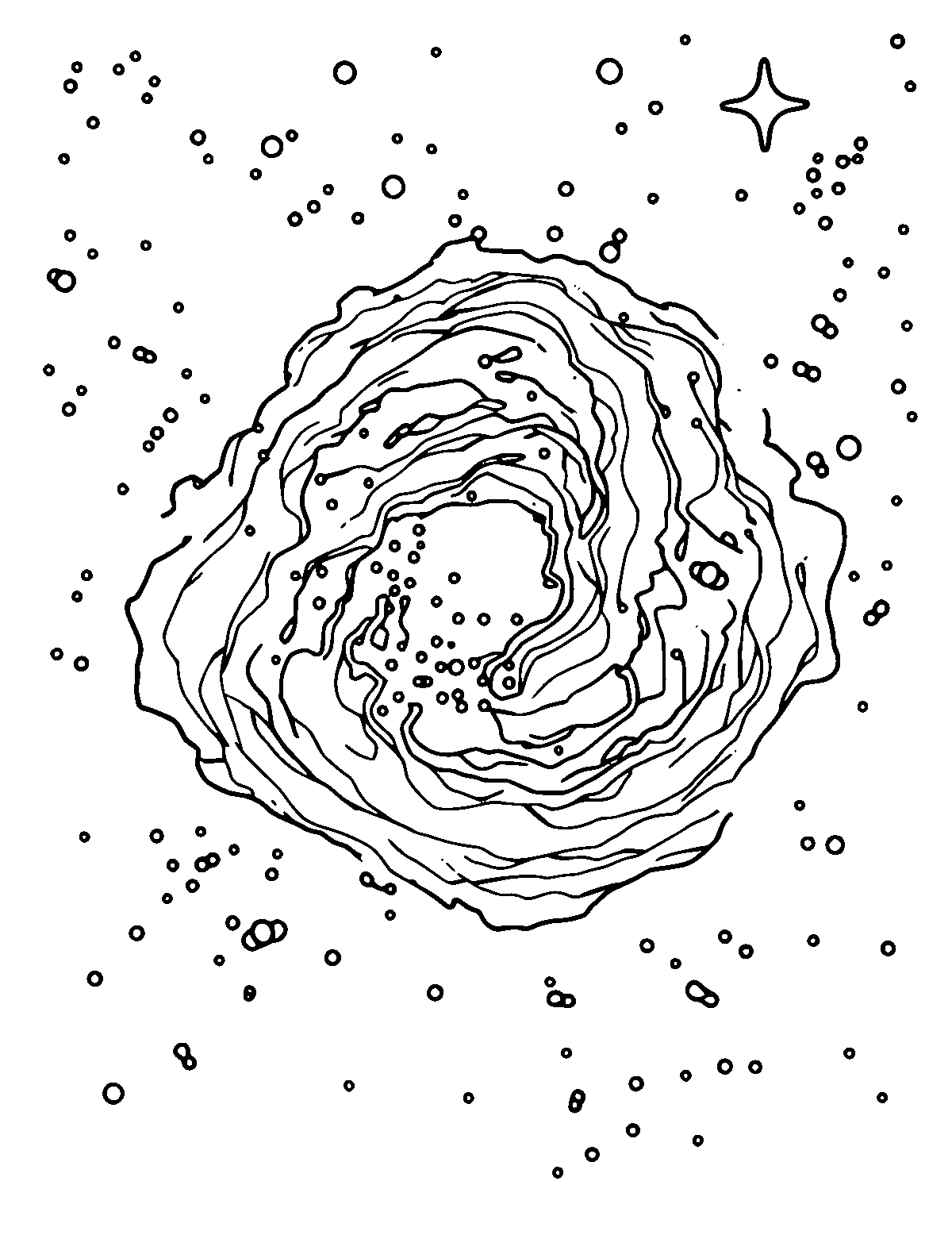 Line-art coloring page of Galaxy, medium outlines, centered