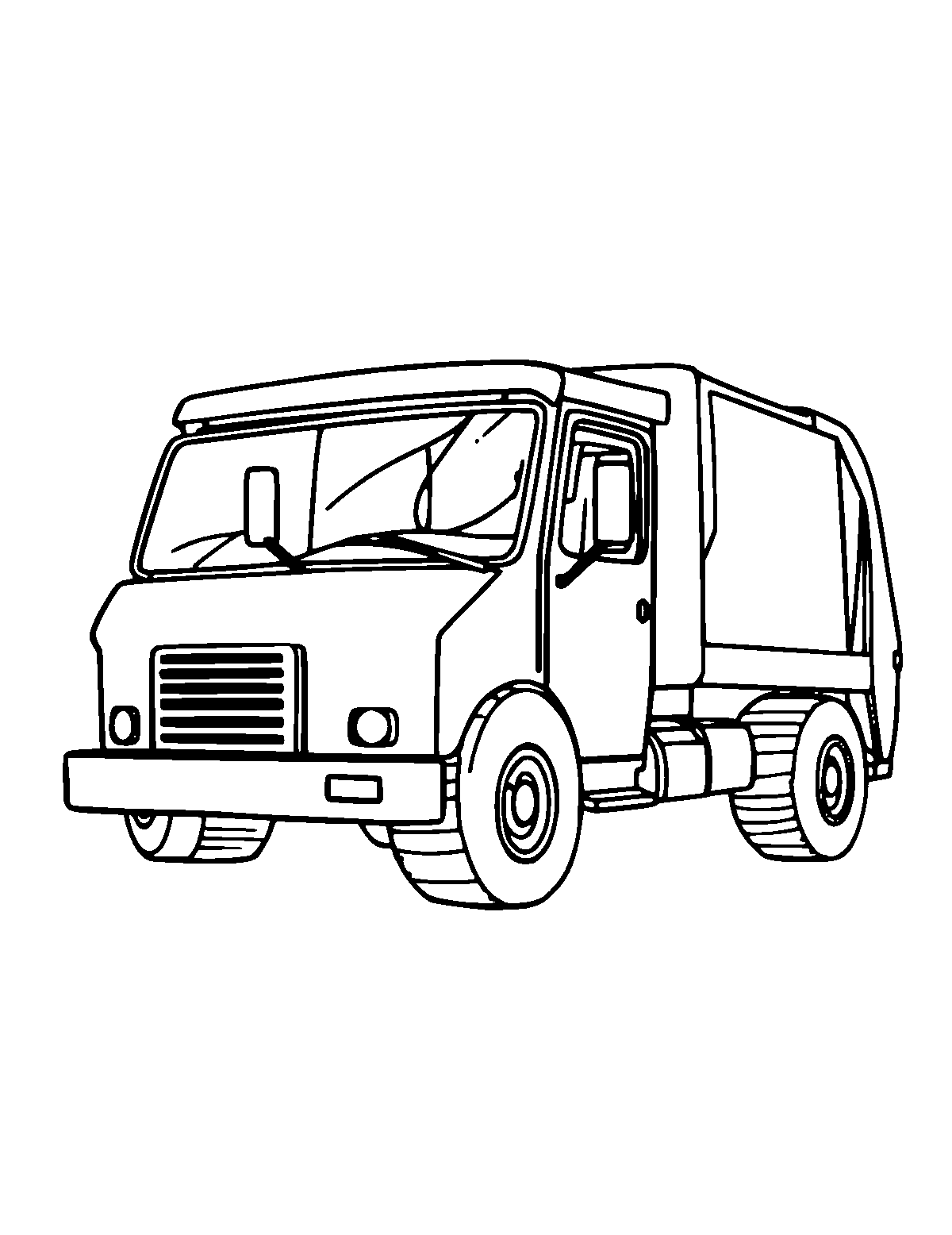 Line-art coloring page of Garbage Truck, medium outlines, centered