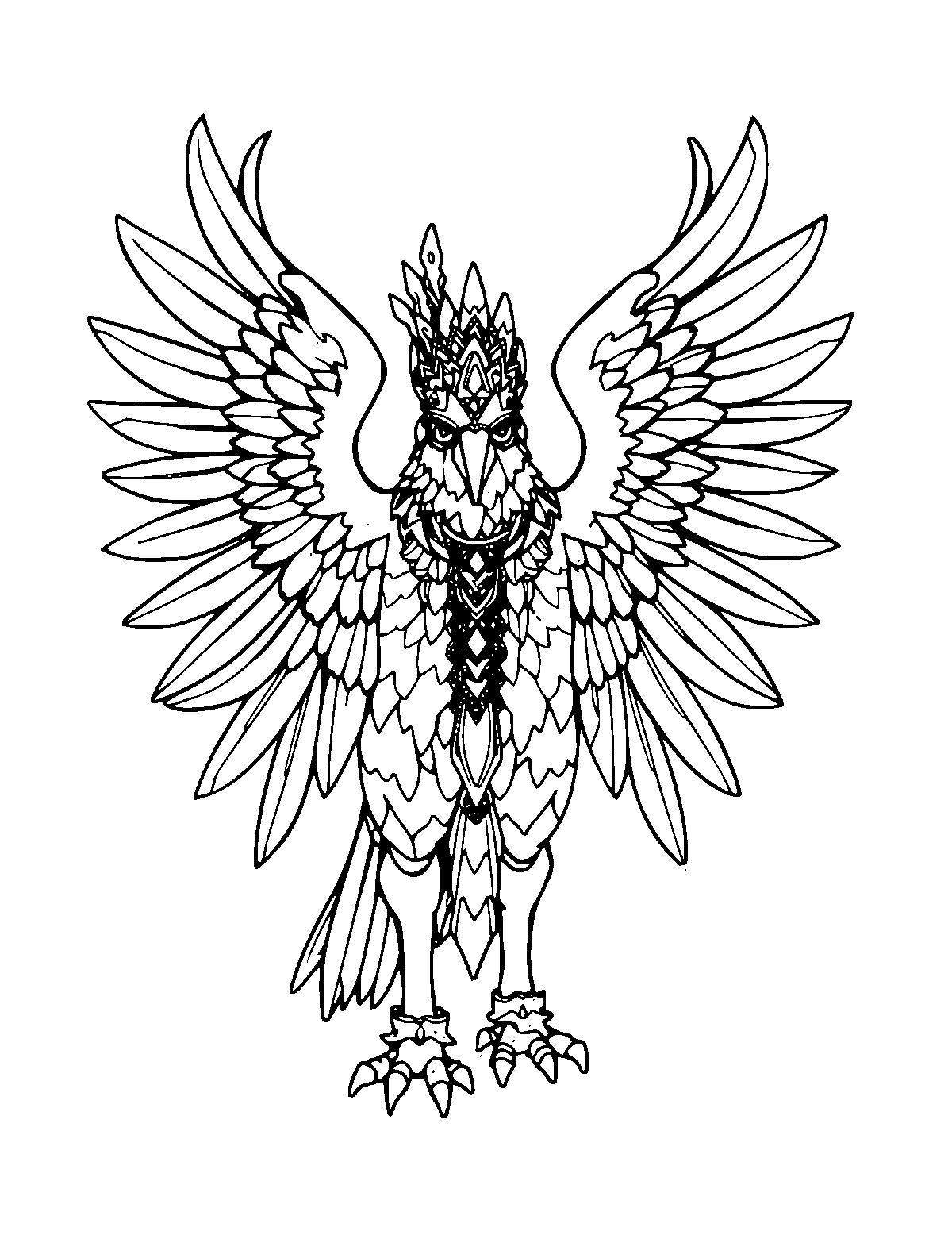 Line-art coloring page of Garuda the Bird King, medium outlines, centered