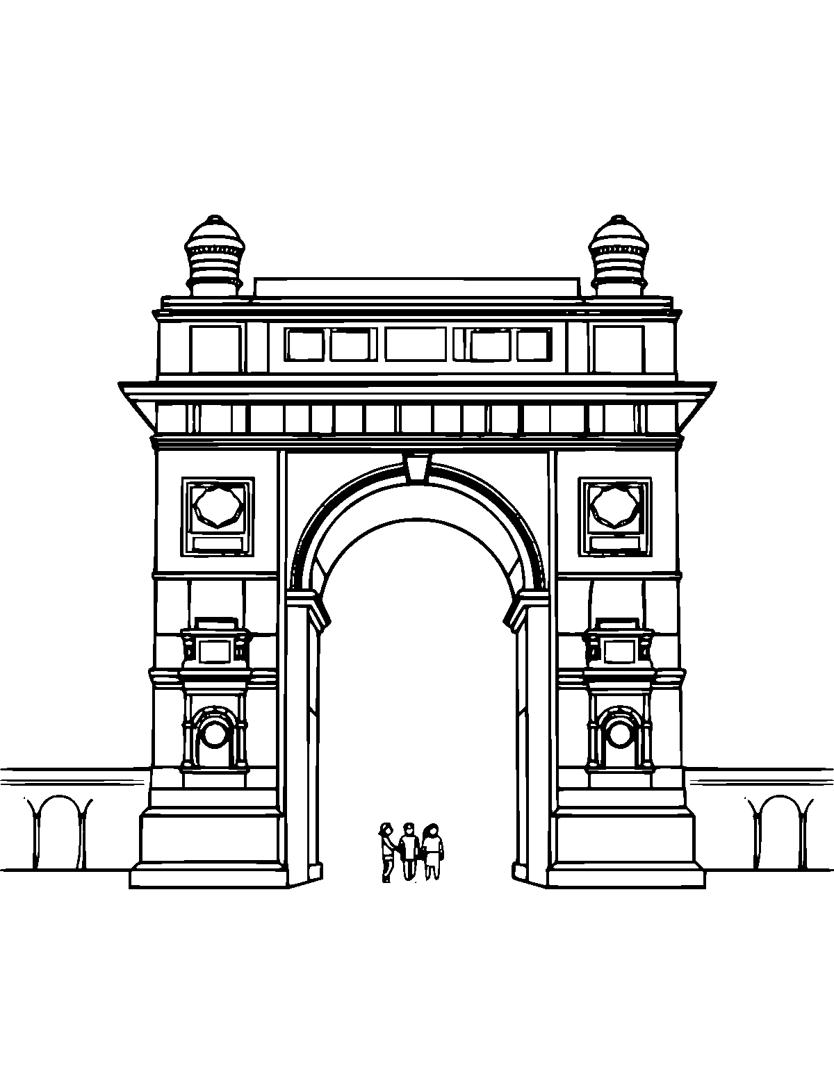 Line-art coloring page of Gateway of India, medium outlines, centered