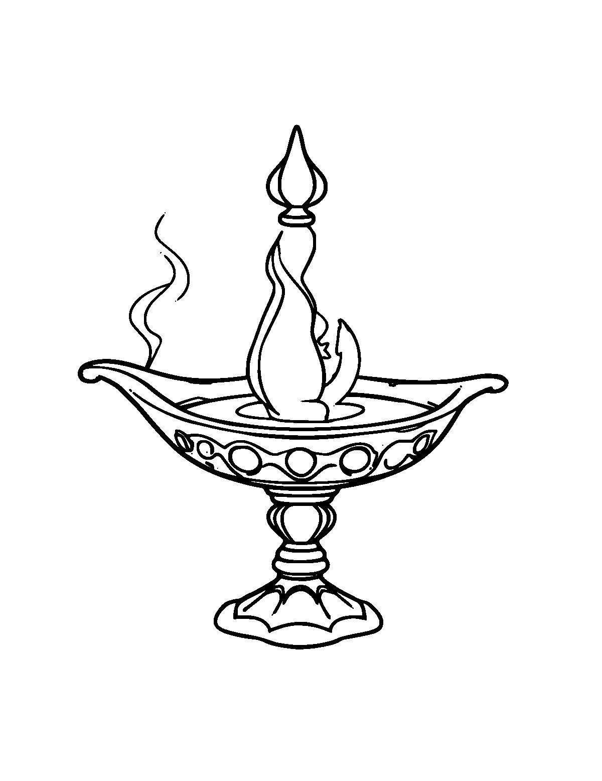 Line-art coloring page of Genie's Magic Lamp, medium outlines, centered