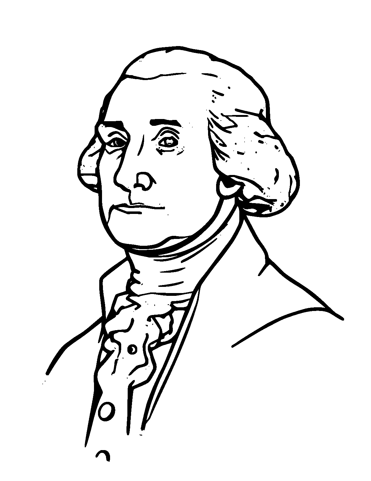 Line-art coloring page of George Washington, thick outlines, centered