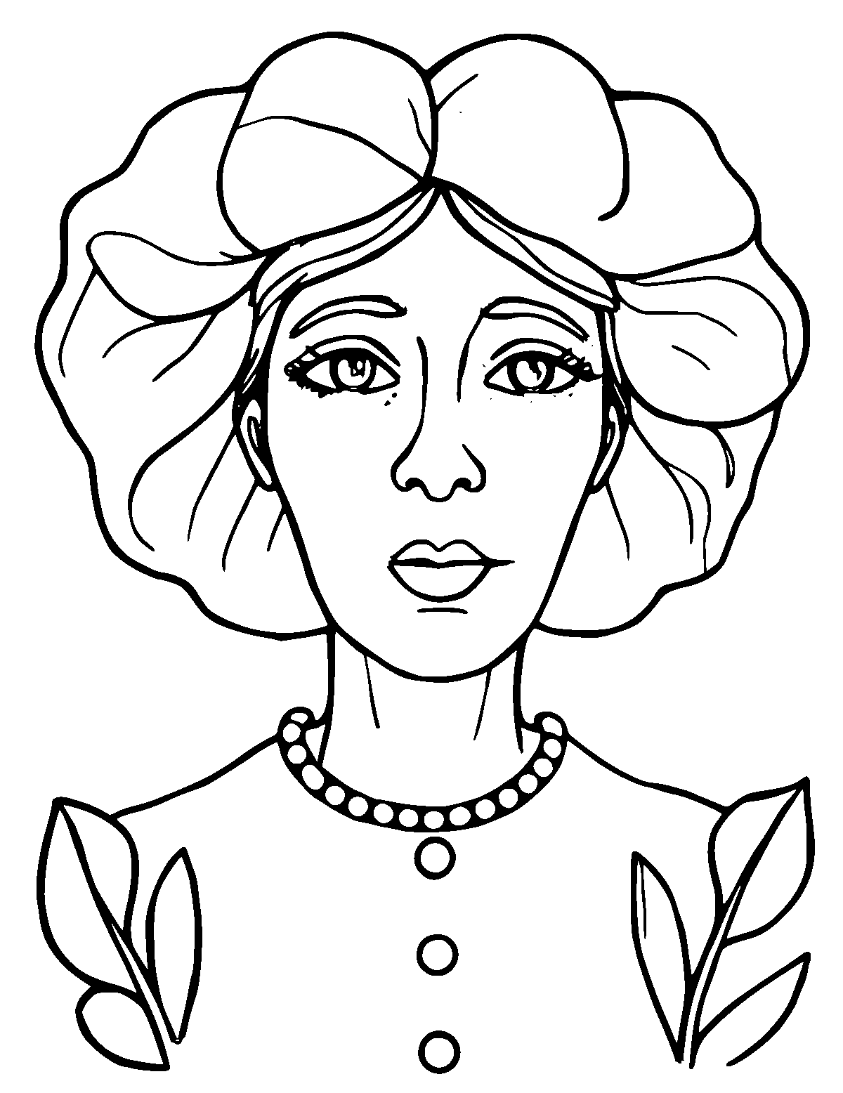 Line-art coloring page of Georgia O'Keeffe, medium outlines, centered
