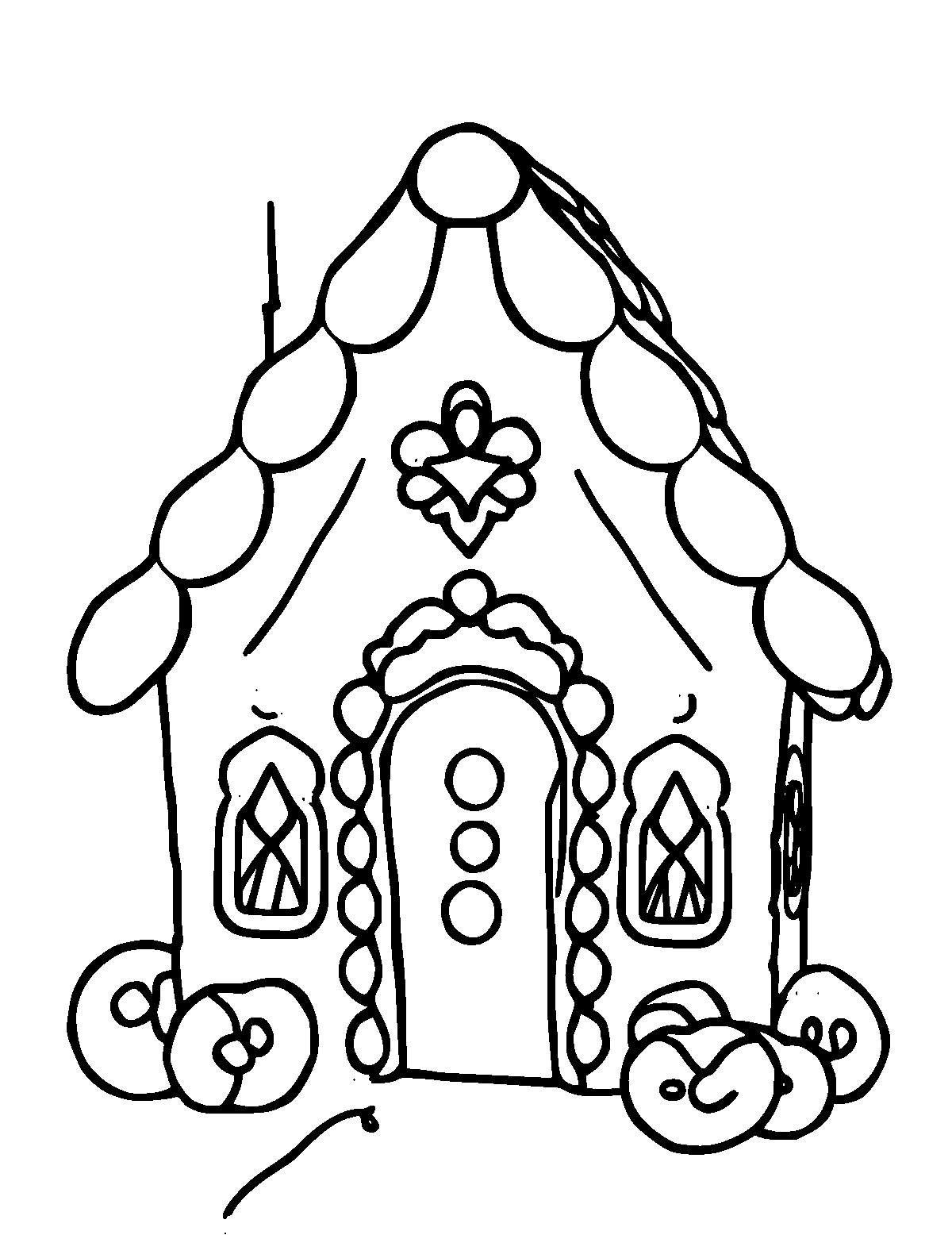 Line-art coloring page of Gingerbread House, thick outlines, centered